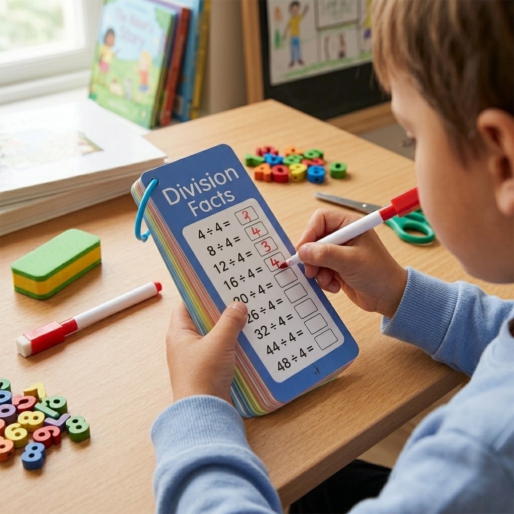 15 Division Math Flash Cards with 2 Markers & Ring for Kids Math Learning
