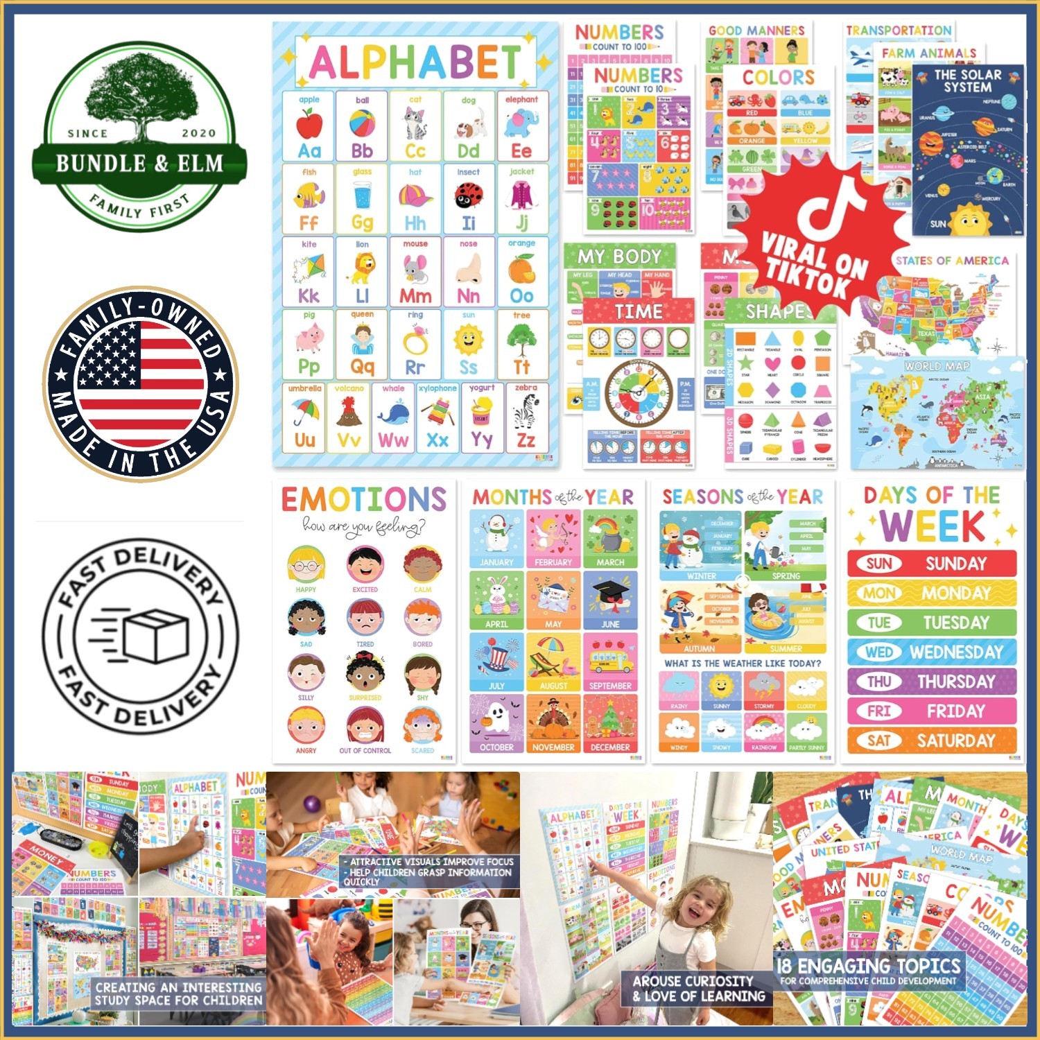 Preschool Learning Posters, Waterproof Educational Decor for Nursery & Daycare