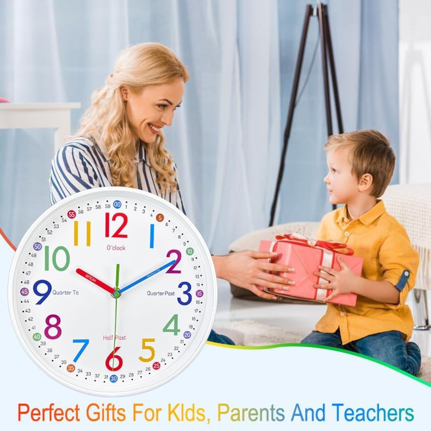 10 Inch Learning Clock for Kids,Telling Time Easily Non Ticking Battery Operated