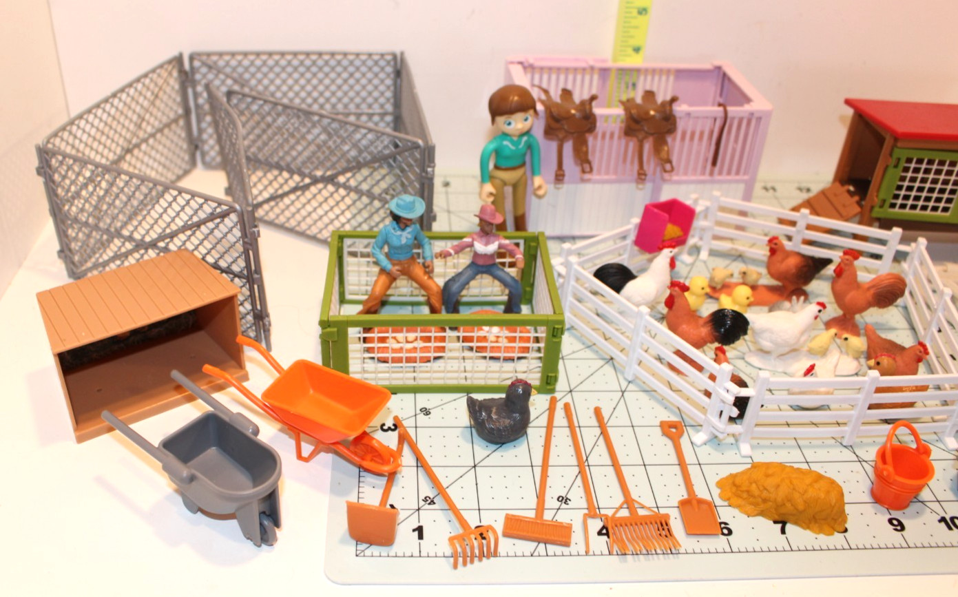 Schleich Rabbit Hatch, Hape Pony club, fences, chickens, tools, Farm Set