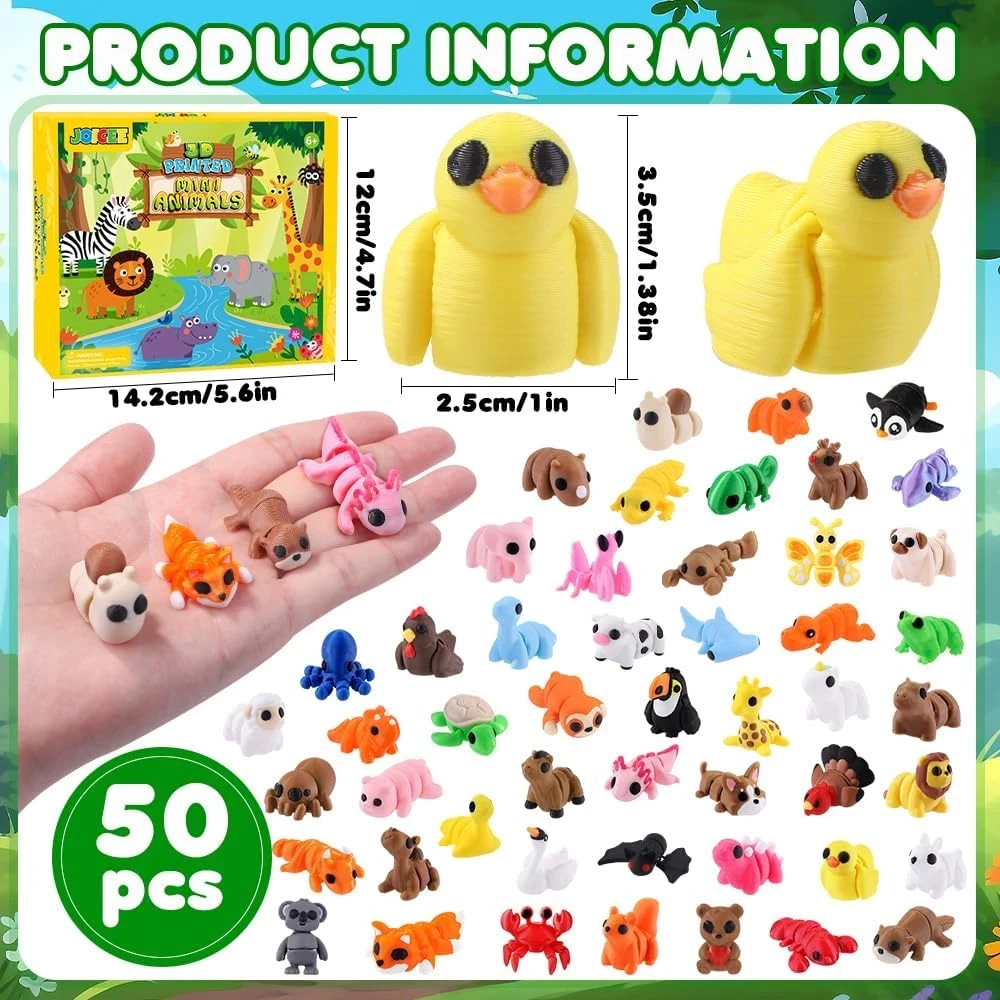 50 Pcs Mini 3D Printed Animal Figurines Set, Articulated Flexible Fidget Toys Cu