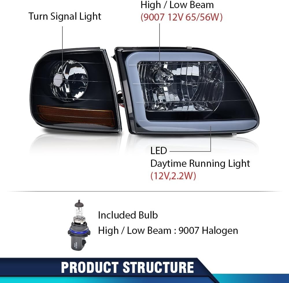 LED DRL Headlights For 1997-2002 Ford Expedition 1998-2003 F150 Black