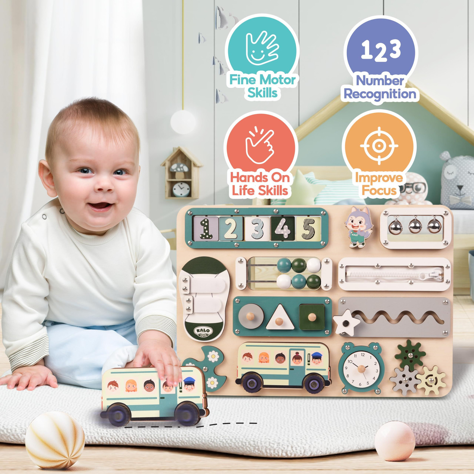 KALOTOYS Large Montessori Busy Board for 17 inches, Size – Pastel Green