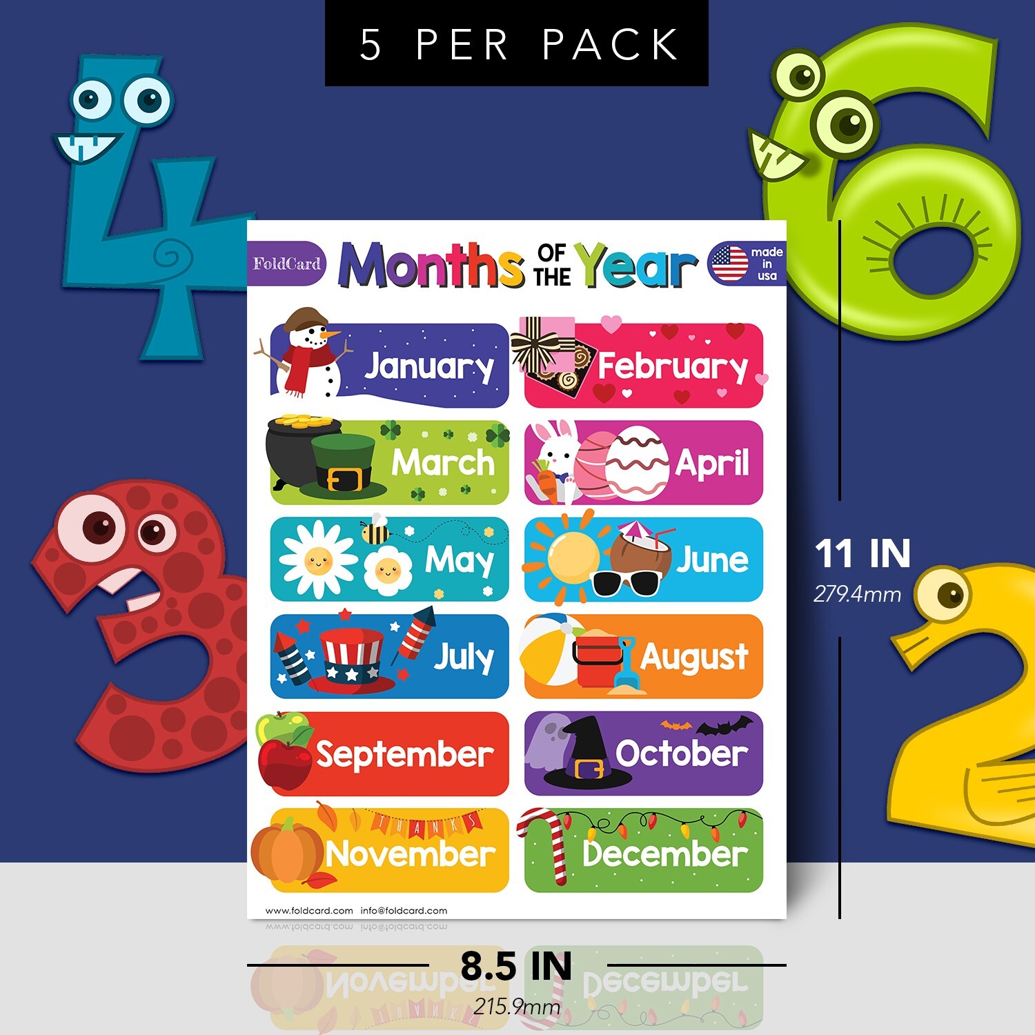 Months of the Year Educational Poster Learning Chart Classroom, 8.5 x 11, 5 QTY