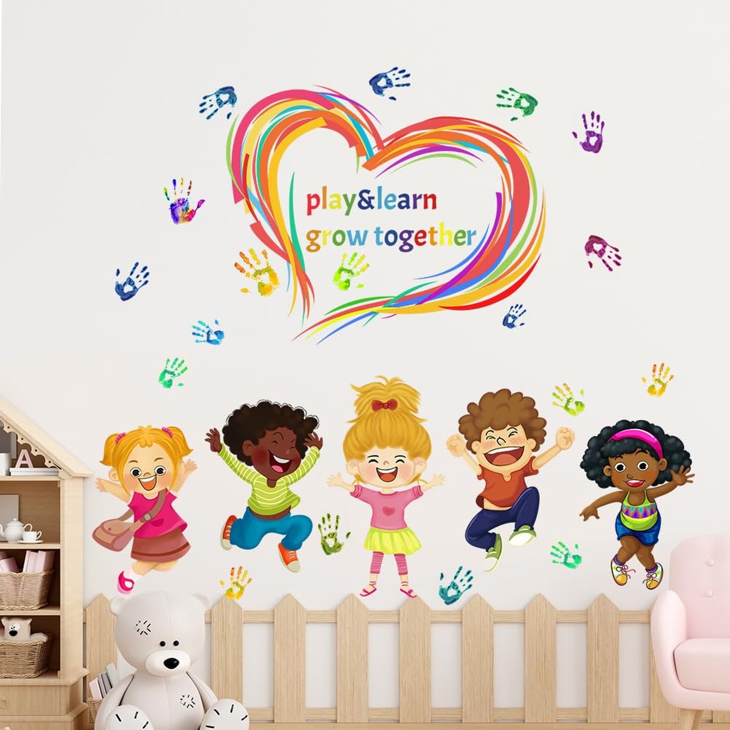Play Learn & Grow Together Wall Decals Kids Inspirational Quotes Handprint Wa…