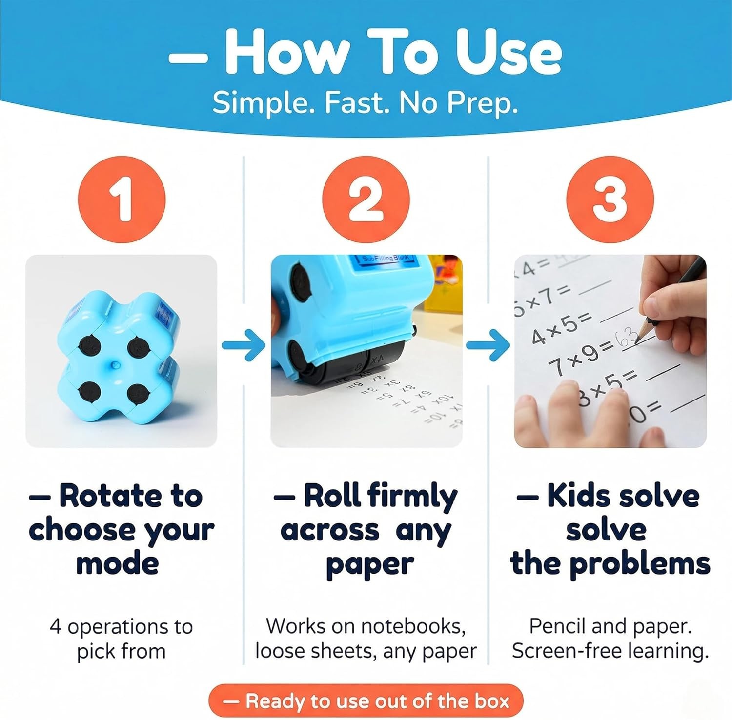 4-In-1 Roller Stamp with Ink for Teaching Math,(+,-,x,÷)Addition,Subtraction,Mul