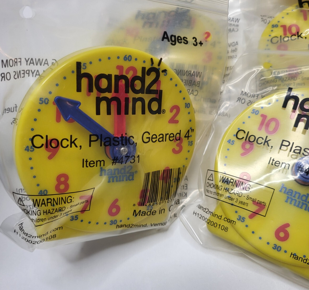 6 New Kids HAND2MIND Yellow Learning Geared Clock Size 4″ Hand 2 Mind Education