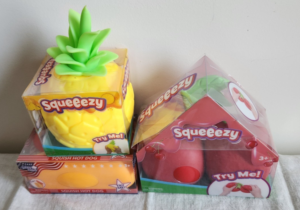 SUNNY DAYS PINEAPPLE, HOT DOG, CHERRY LOT OF 3 SENSORY STRESS RELIEF TOYS SQUISH