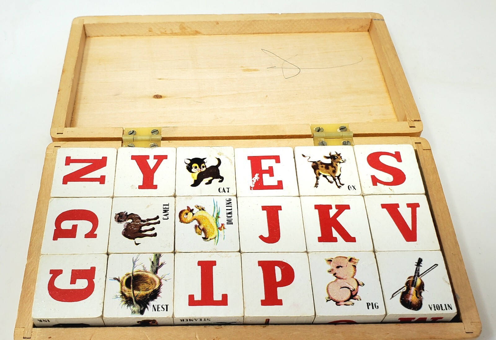 Picture Cubes for Words Spelling Complete Set 1960’s Wooden Box Animals Vintage