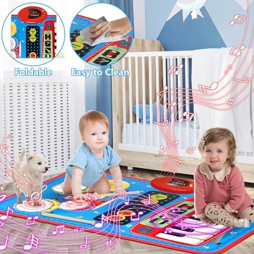 2-in-1 Musical Mat Toys for 1 2 3 4 5 Year Old, Piano Keyboard & Drum Set with 2