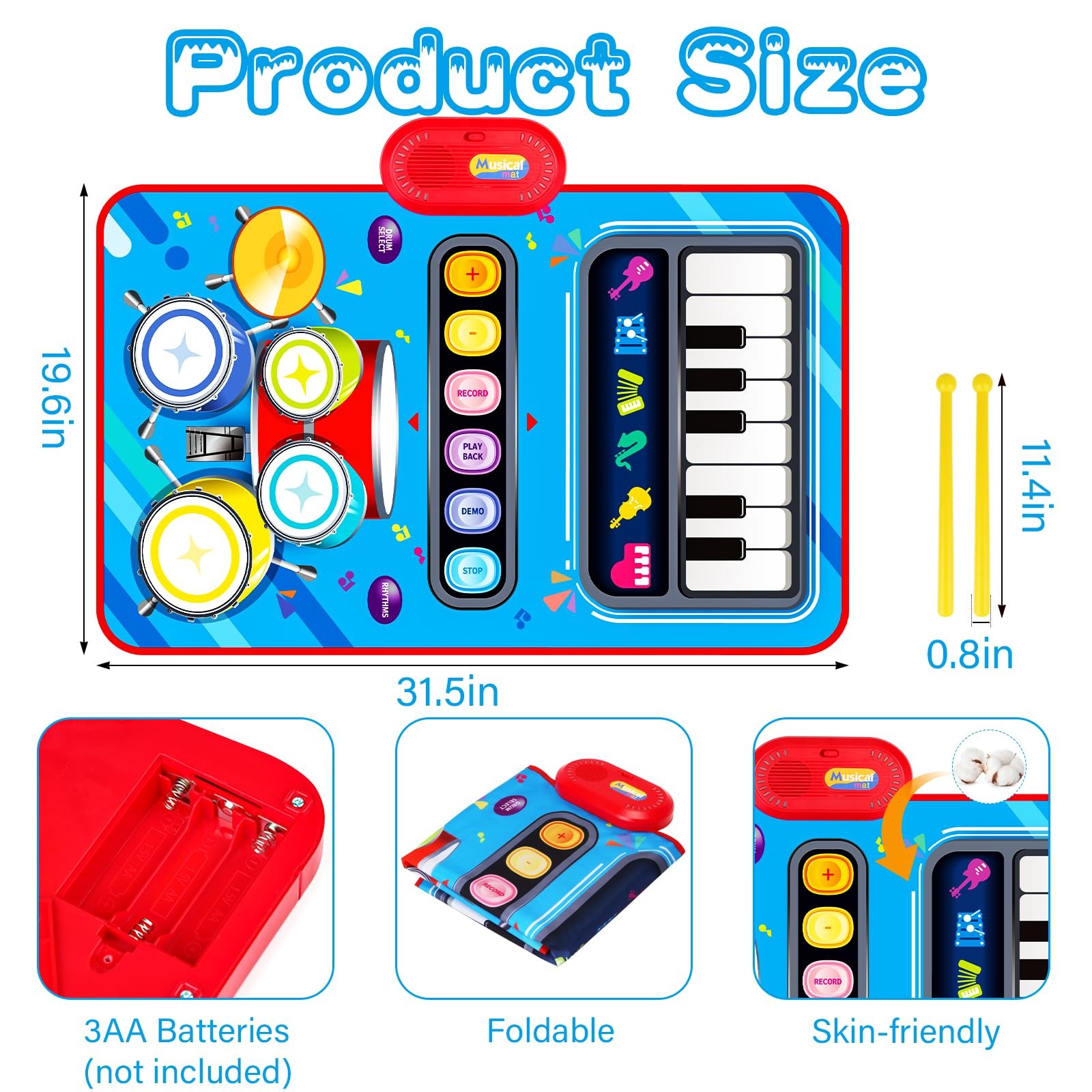 Baby Toys for 1 Year Old: Musical Mat Medium, Blue, Red, Yellow, Purple