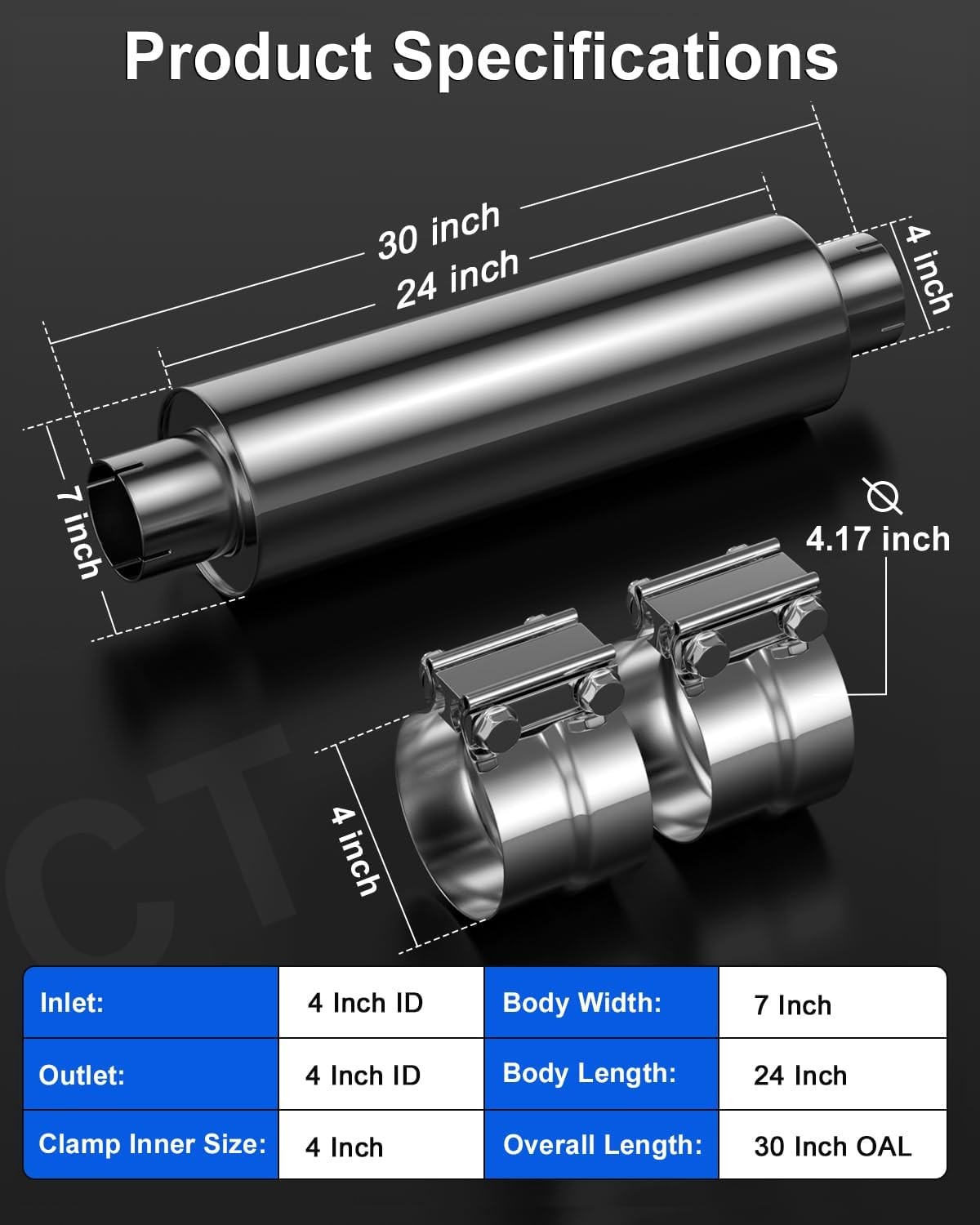 4 Inch Inlet Diesel Muffler Exhaust with Clamp- 7″ x 24″ Body – 30″ OAL – Straig