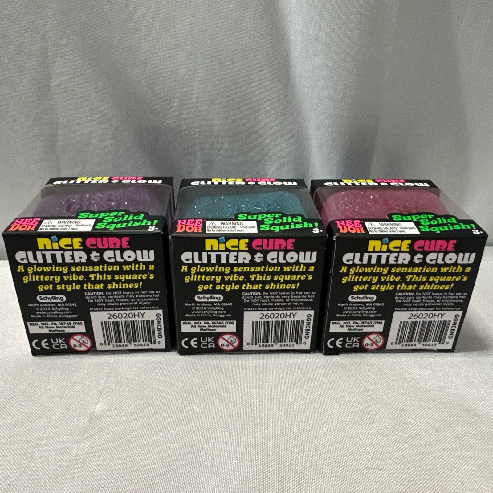 Lot Of 3 NeeDoh Nice Cube Glitter Glow Purple Pink Blue Squishy Toy Nee-Doh NIB