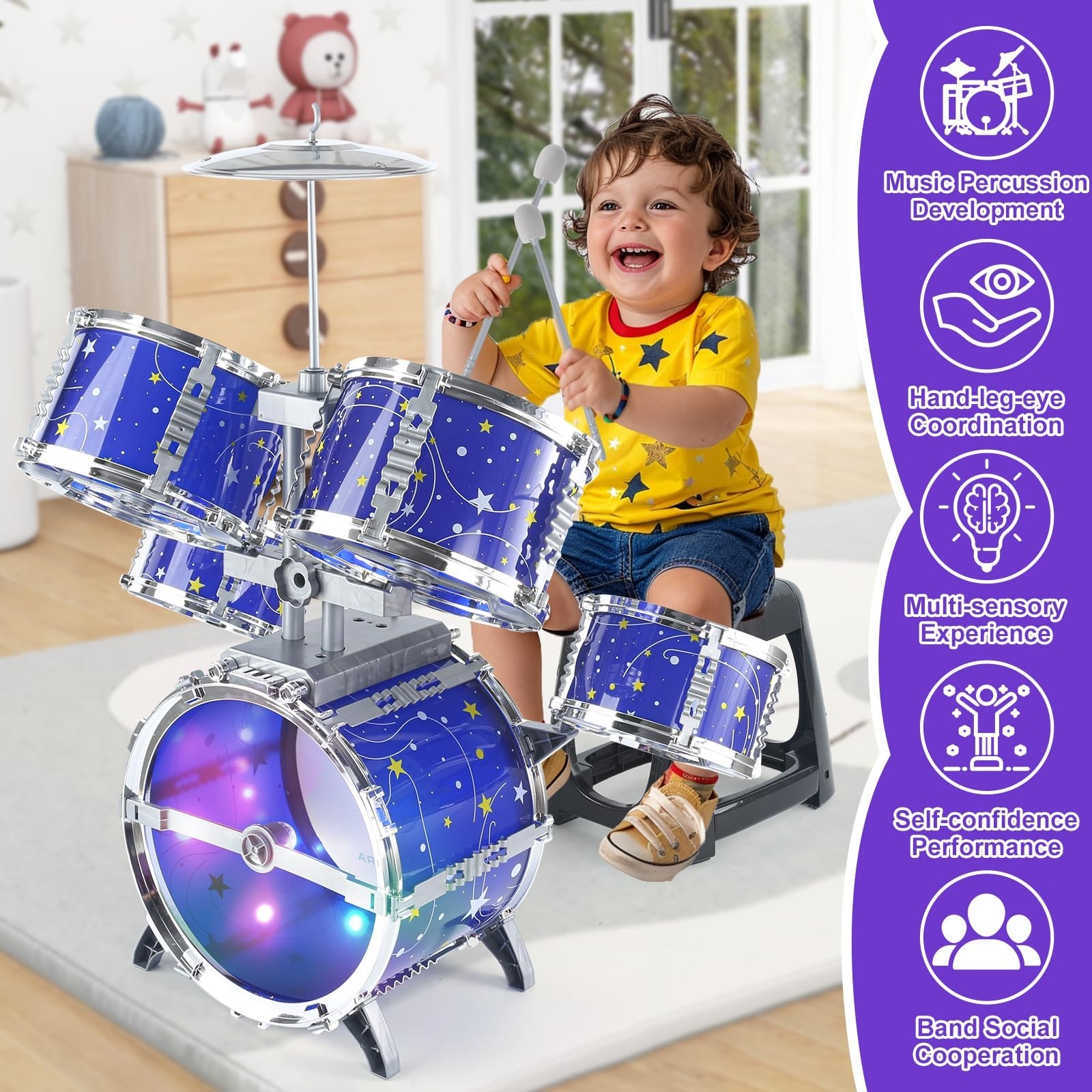 Upgraded Kids Drum Set – Light-Up Musical Toy for Toddlers 1-7, Jazz Drums for B