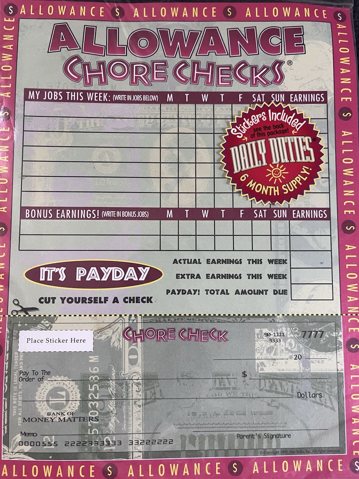 Vintage NOS 1998 Allowance Chore Checks Sun Sales Kids Reward Chart Sealed