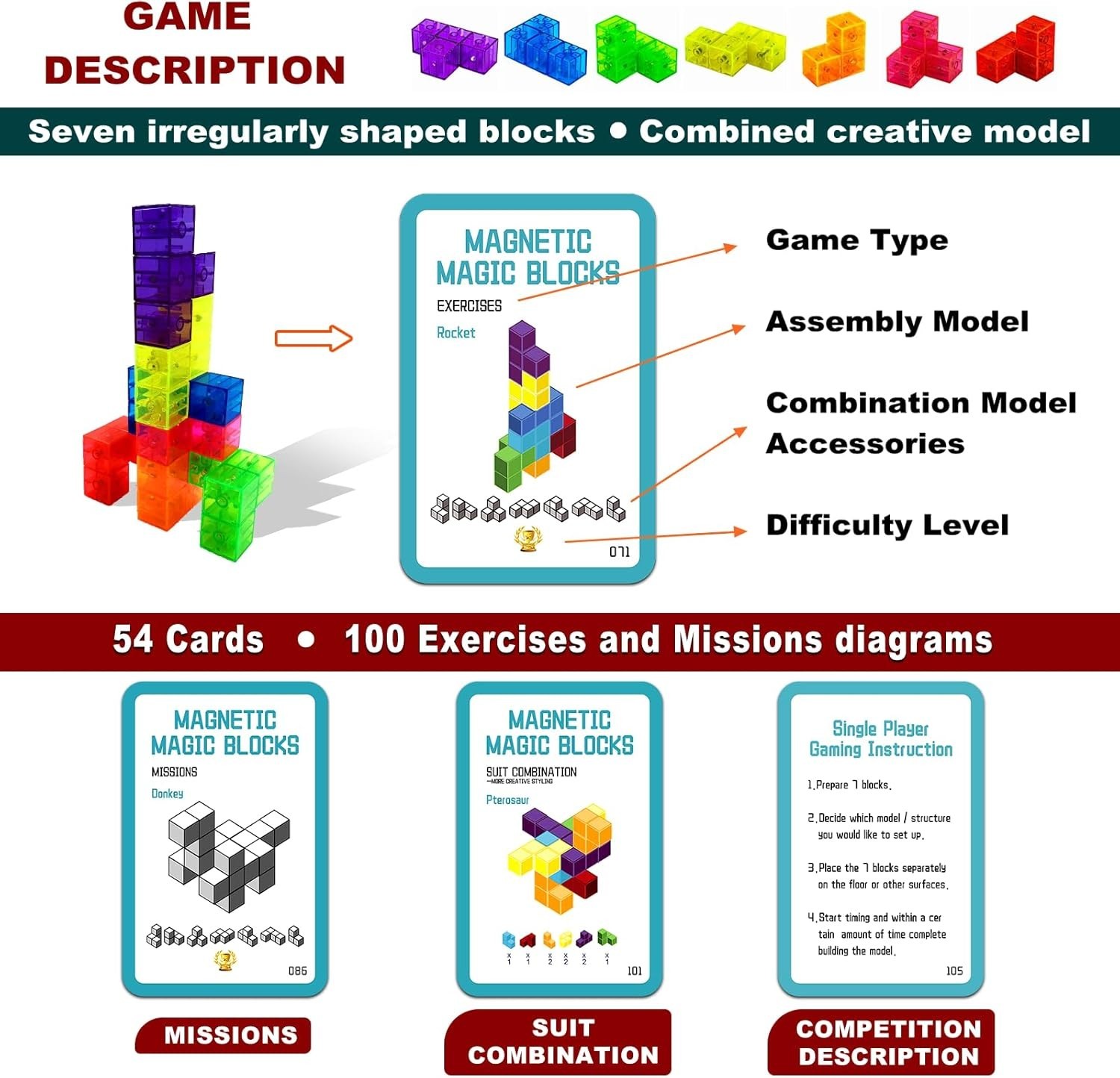 Magnetic Building Blocks Magic Magnetic 3D Puzzle Cubes, Set of 7 Multi Shapes M