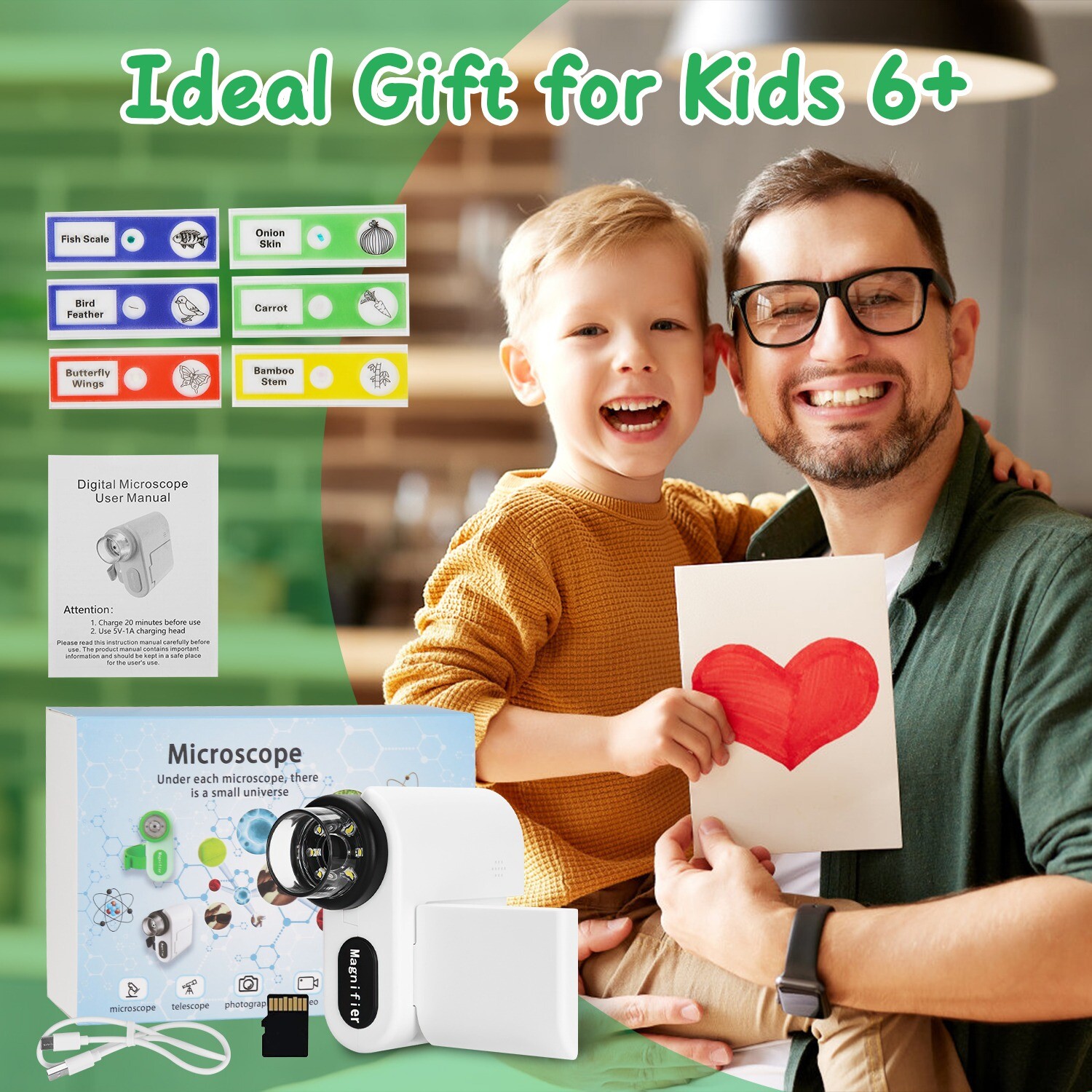 4K Kids Microscope 2″ IPS Screen 1000X Handheld Digital Microscopes 32GB Card