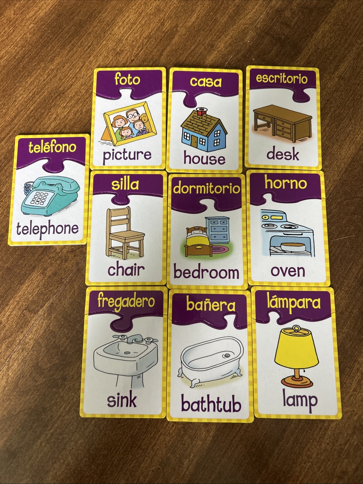 Double-Sided 20 Colorful Puzzle Flash Cards Set Kid’s English Spanish Vocabulary