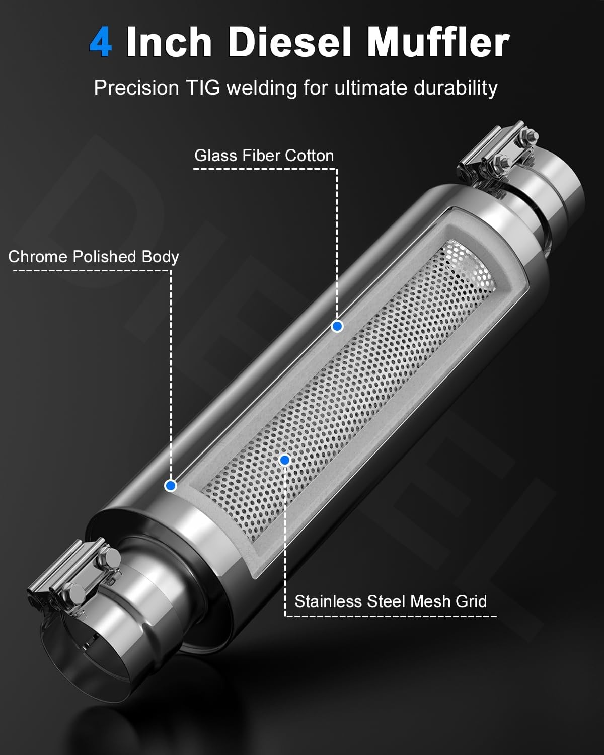 4 Inch Inlet Diesel Muffler Exhaust with Clamp- 7″ x 24″ Body – 30″ OAL – Straig