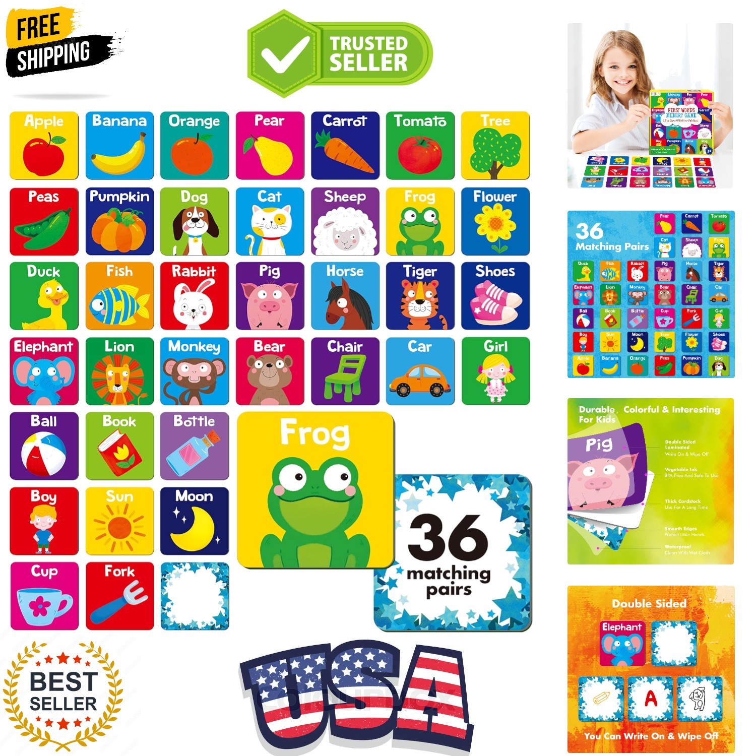 Memory Matching Game, 72 PCS First Words Matching Cards for Toddlers 36 Pairs…