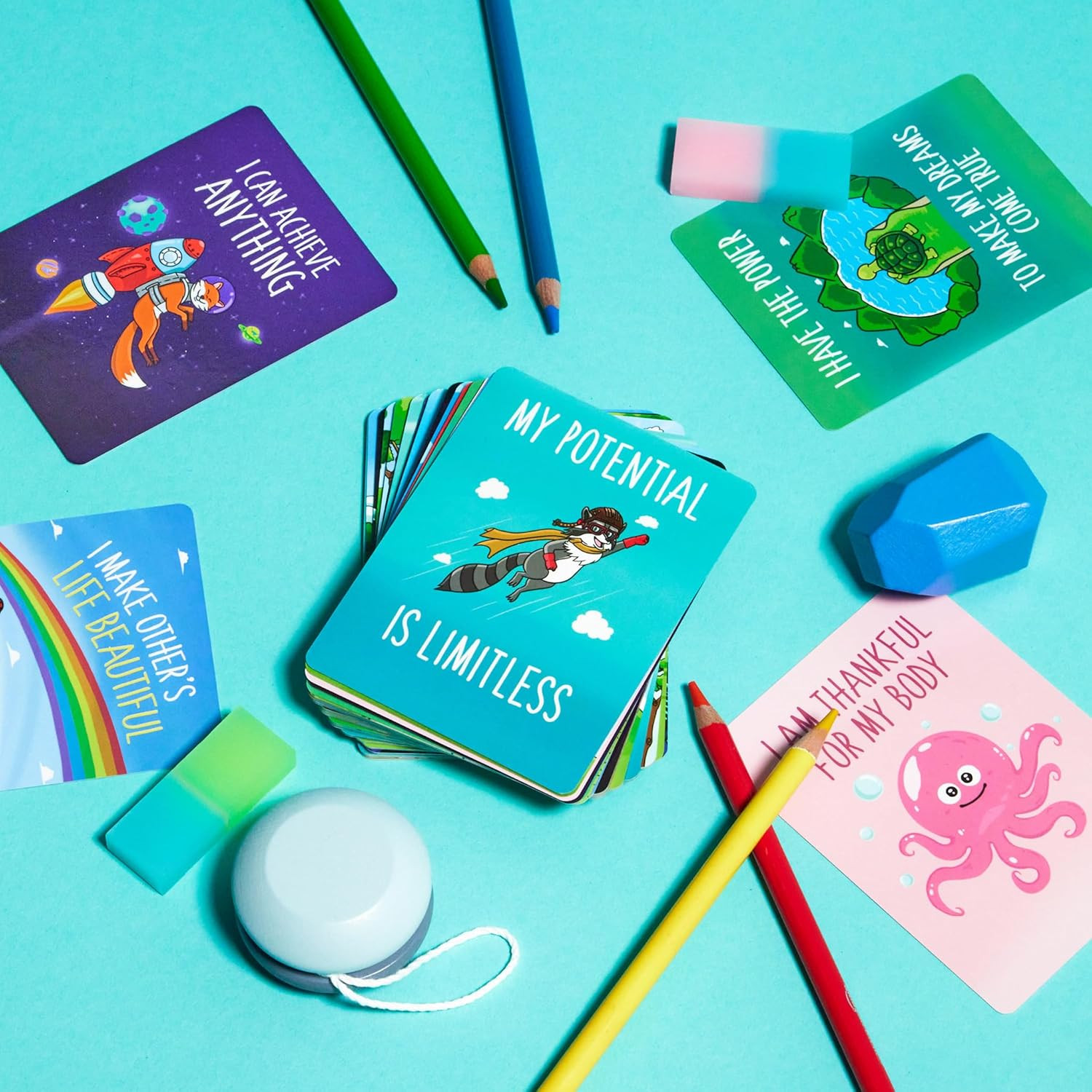 45 Affirmation Cards for Kids – Premium Edition – 3X4 in – Incl. Wooden Stand –