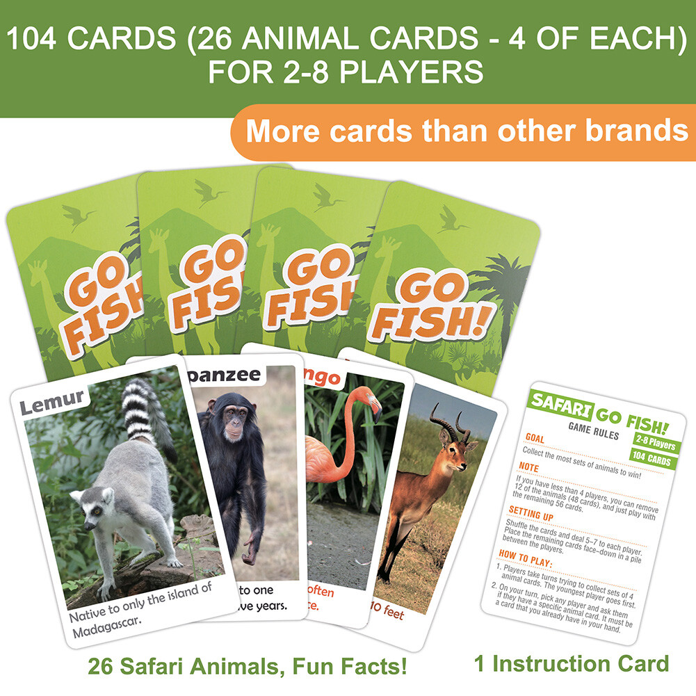Go Fish Flash Cards Game Safari Animal Educational Card for Children Kids Adults