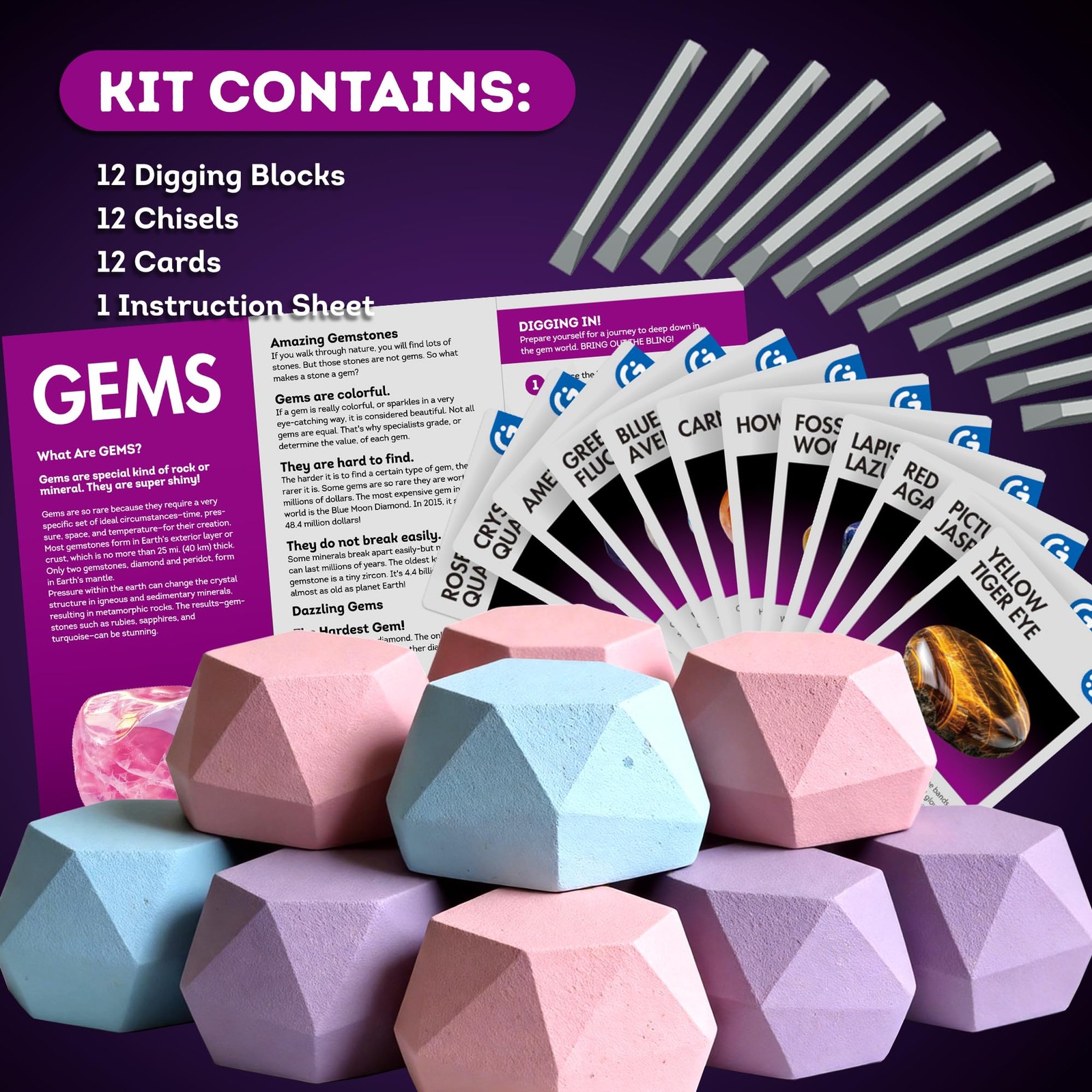 Gemstone Dig Kit, Dig Up 12 Real Rocks and Minerals, Gem Digging Kit, Toy Geo…