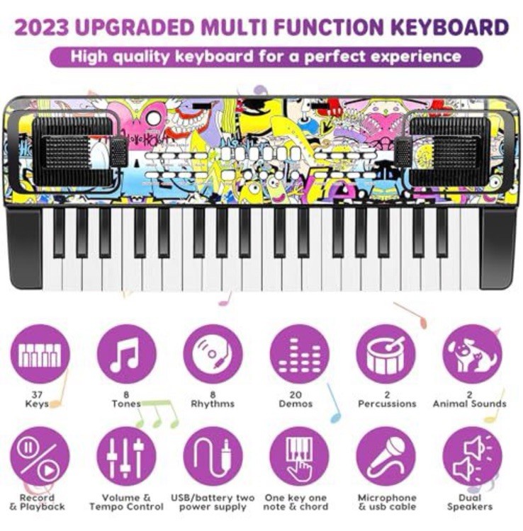 Kids Electronic Keyboard Toy with Microphone, 37 Keys, USB/Battery Powered, 2023