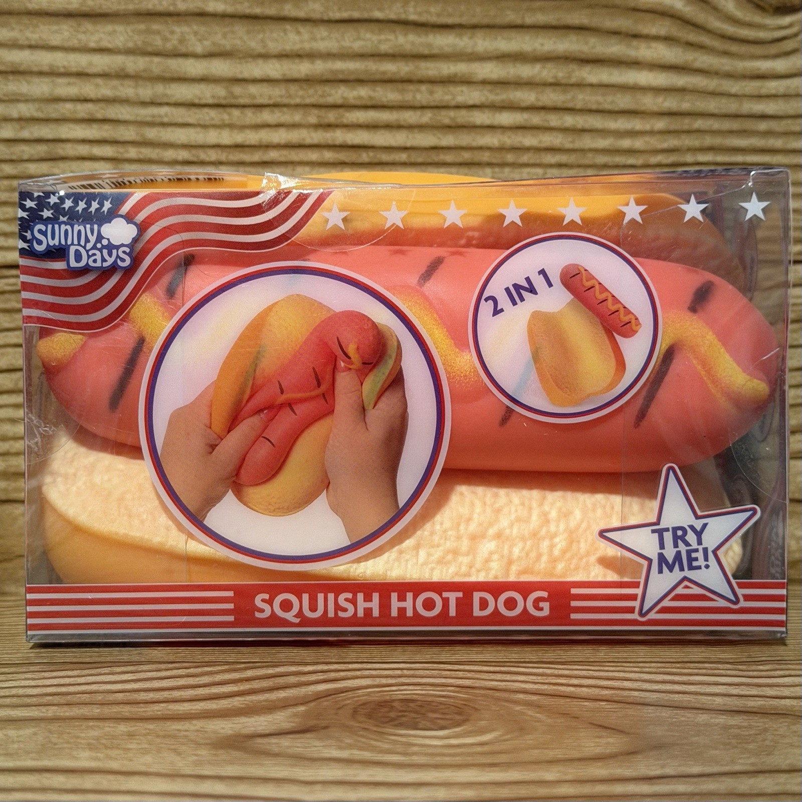 Squishy Hot Dog Squeezy Fidget Toy Sunny Days 2-in-1 Hotdog Stress Relief NEW