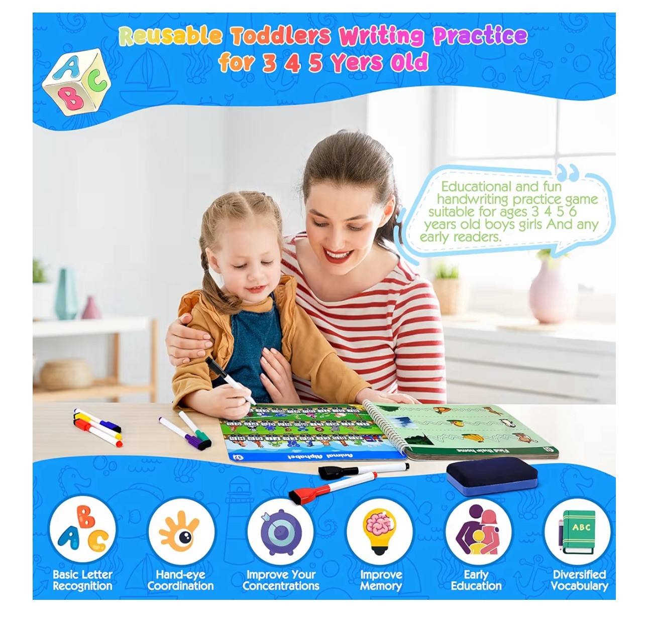 Tracing Books for Kids Ages 3-5, Dry Erase Letter Number Trace Pre K Workbook