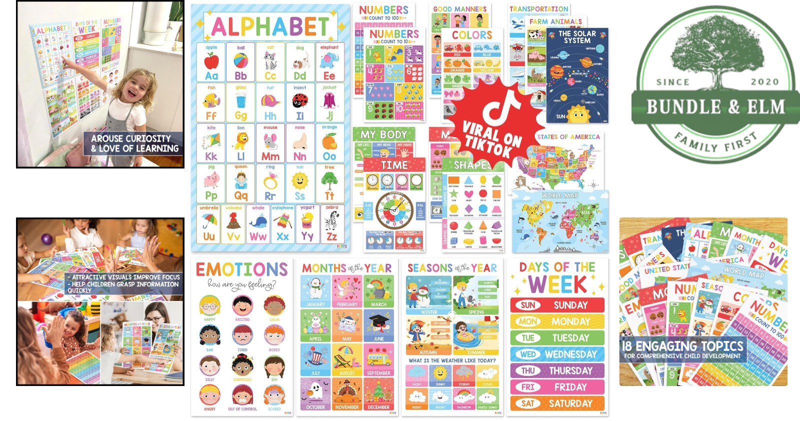 Preschool Learning Posters, Waterproof Educational Decor for Nursery & Daycare