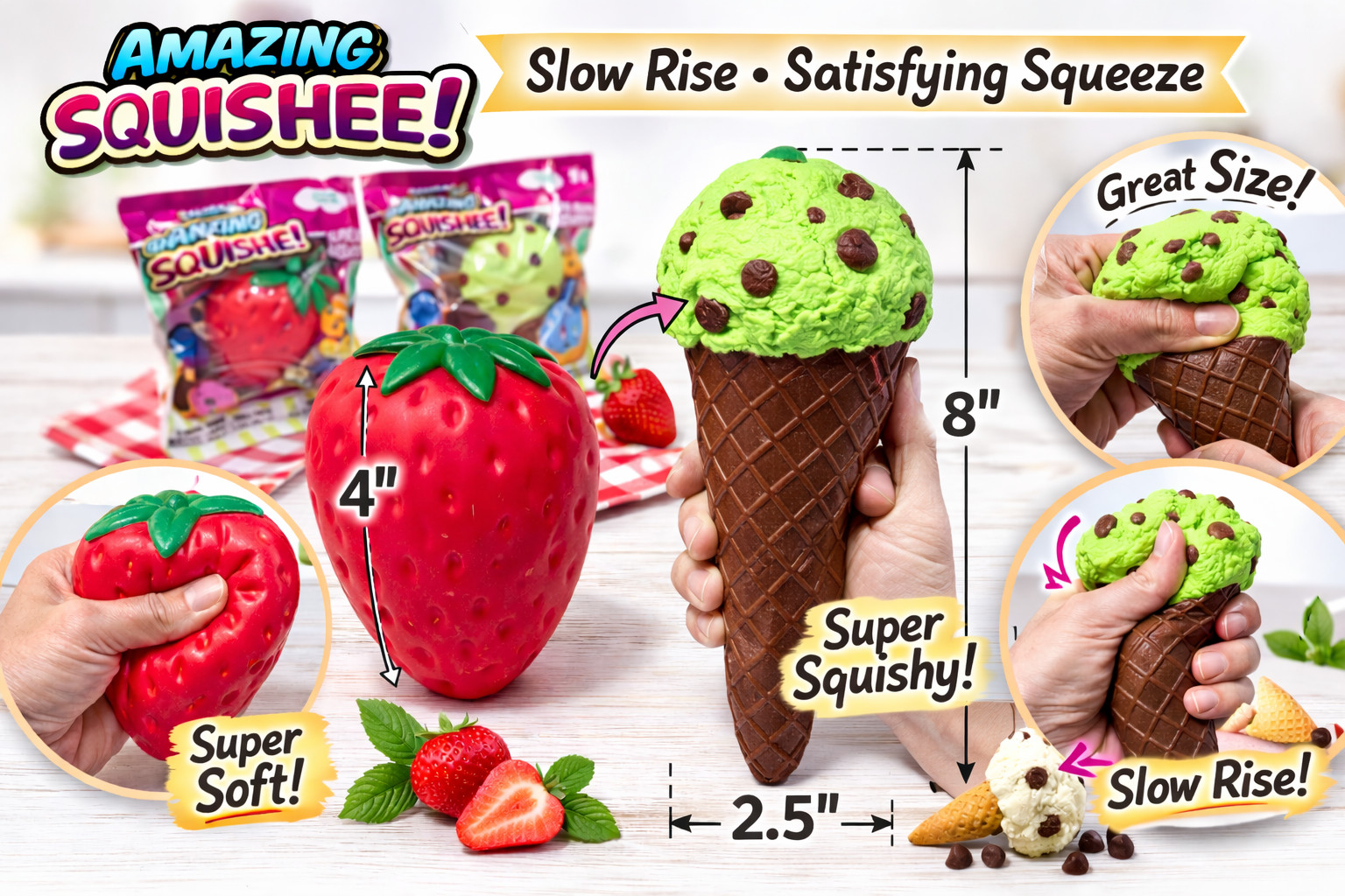Amazing Squishee Strawberry & Ice Cream Cone Series 2 Soft Foam Slow Rise Stress