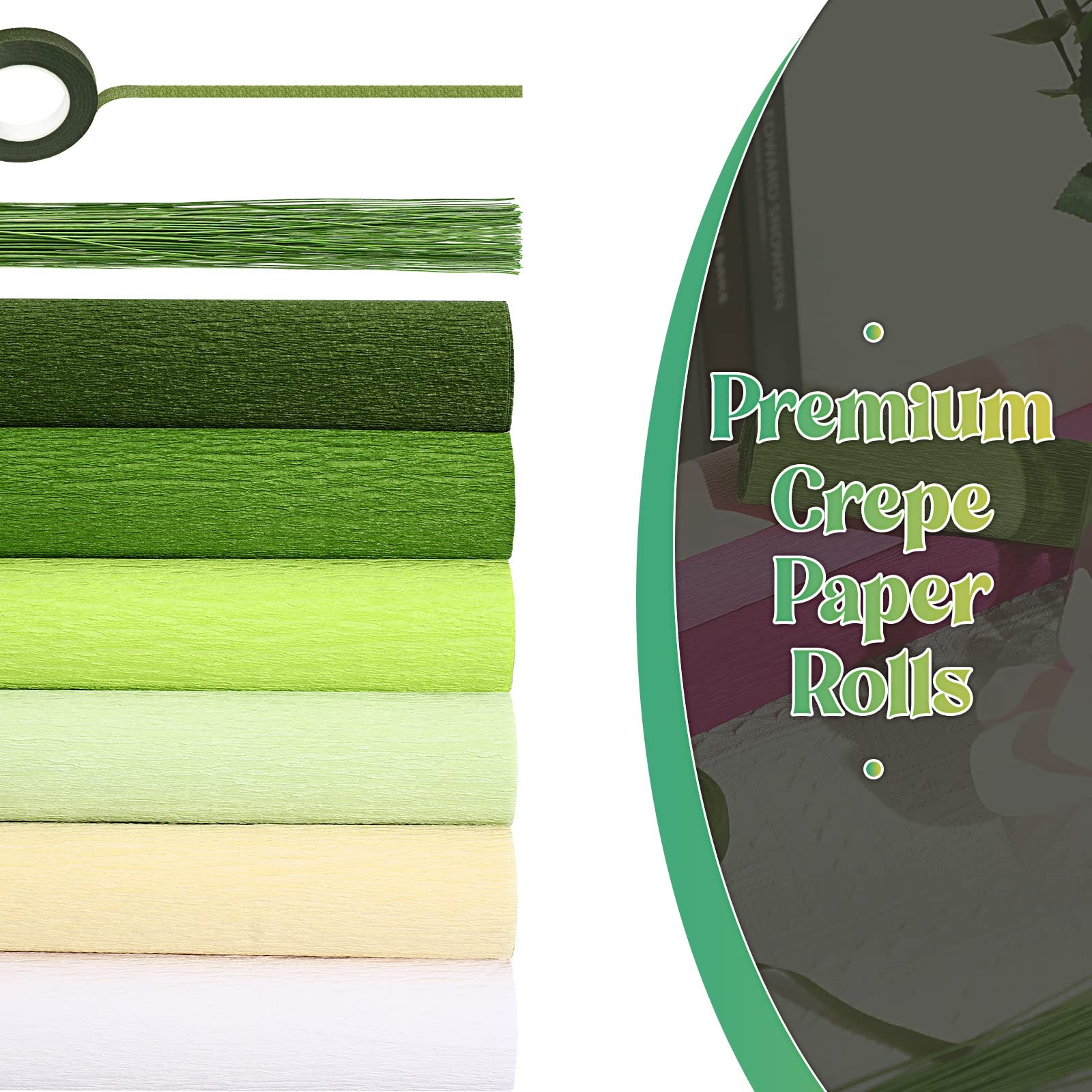 Gersoniel 57 Pcs Crepe Paper Flower DIY Kits 6 Rolls 35g Papel Green Series