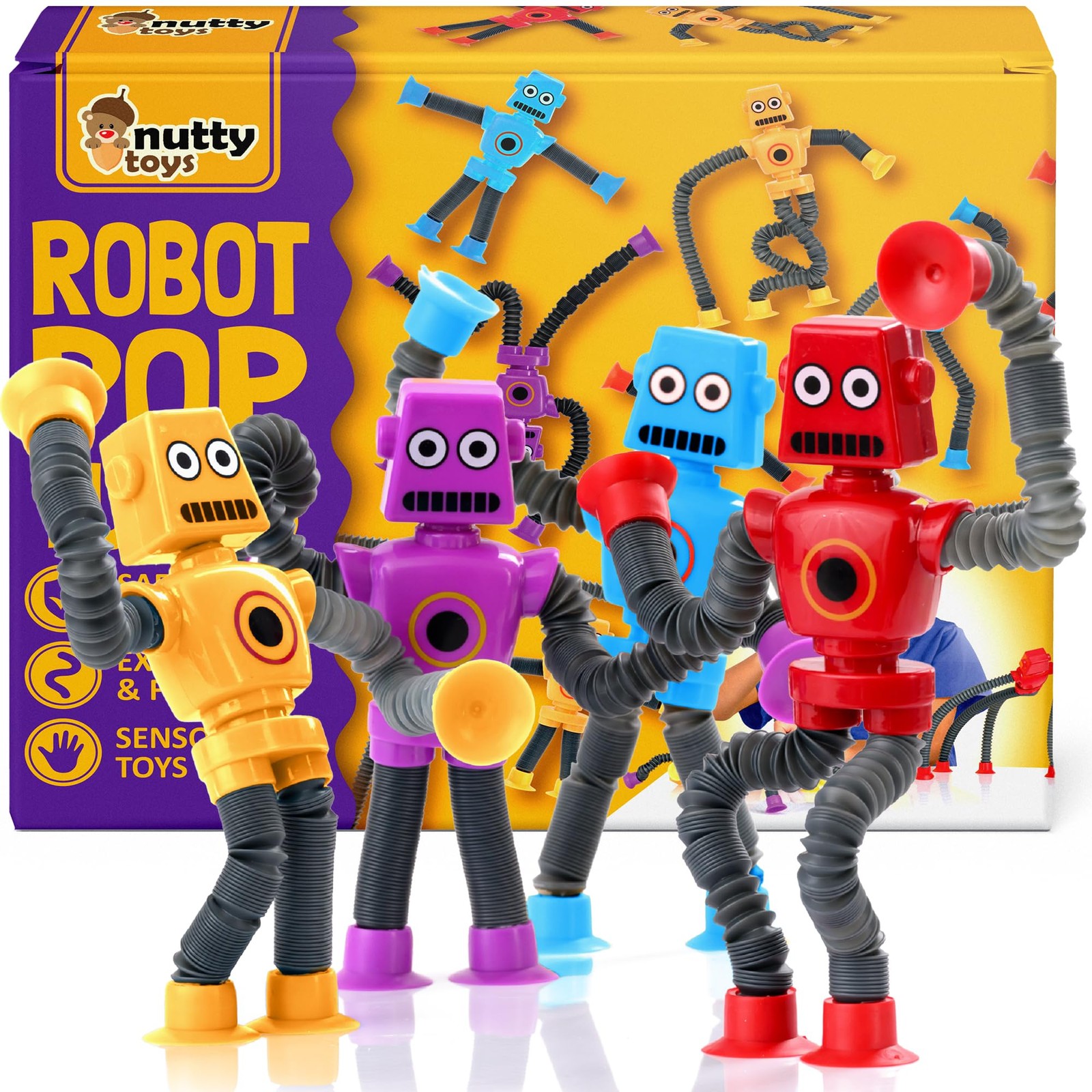nutty toys Sensory Robot Toys 4pk – Top Pop 1 Count (Pack of 4), Multicolor