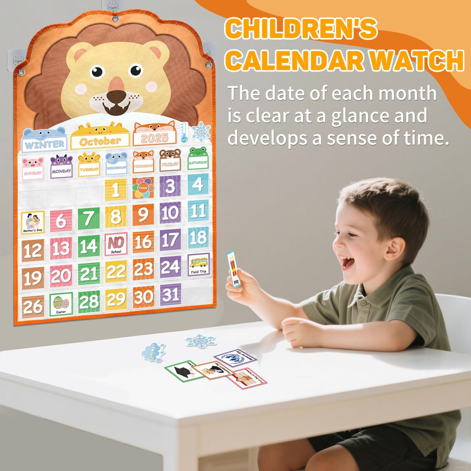 Animal Face Monthly Calendar Pocket Chart for 4 x 6 inches, orange