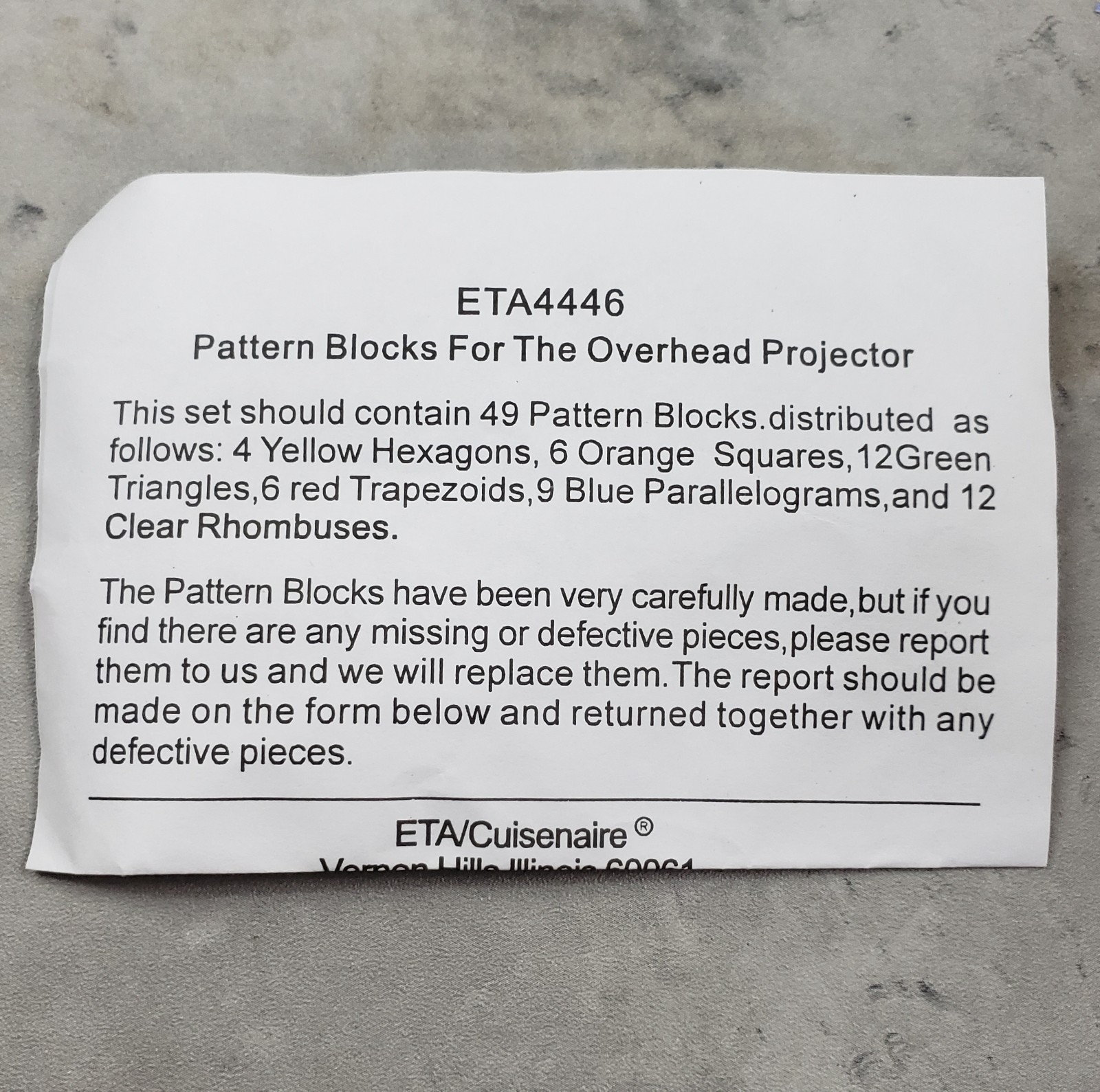 ETA Pattern Blocks Overhead Projector Acrylic Mosaic Shapes 2pks of 49pcs NEW