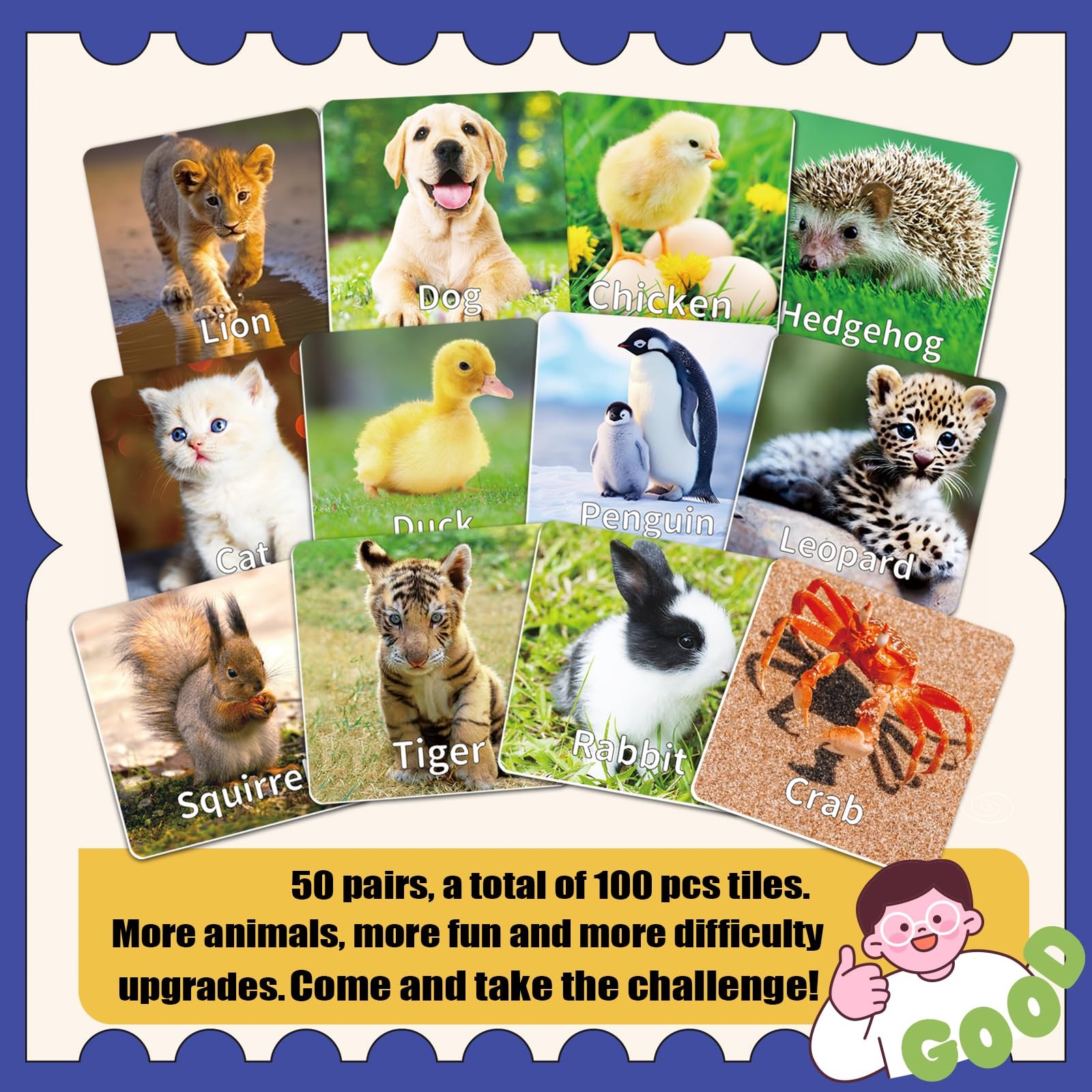 Animal Matching Game 100PCS – 50 Pairs Memory Cards for Kids Learning Fun