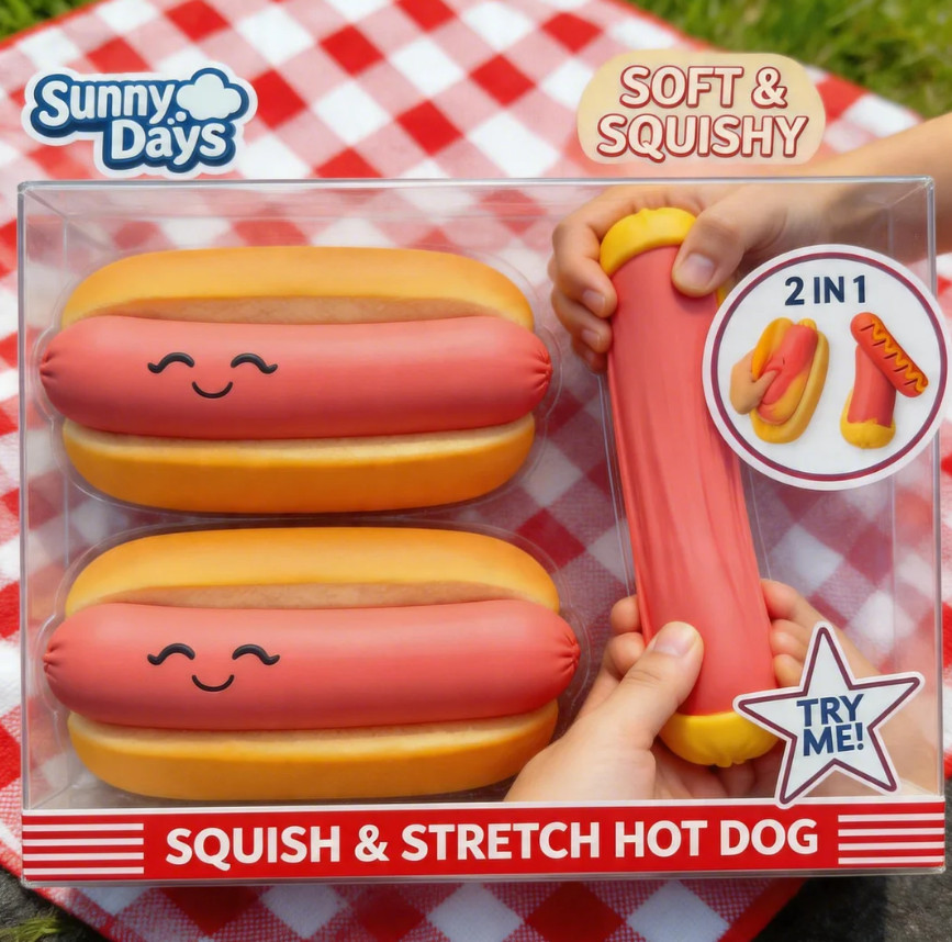 Sunny Days Squish Hot Dog 2-in-1 Fidget Toy – Novelty Squeeze Stress Reliever