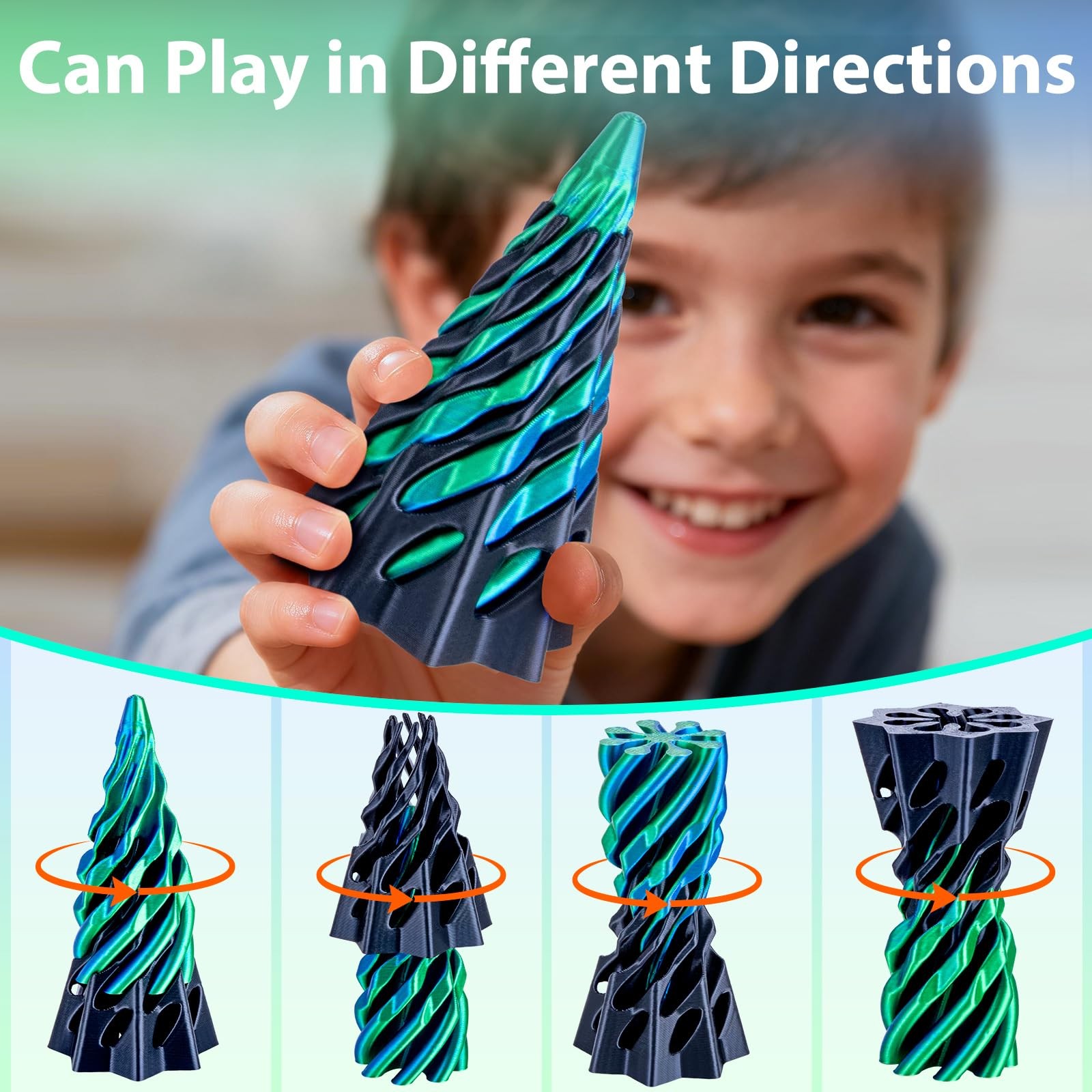 3Dgenius 4 Pack Impossible Cone Fidget Toy, 3D Printed Black+dark Blue Green