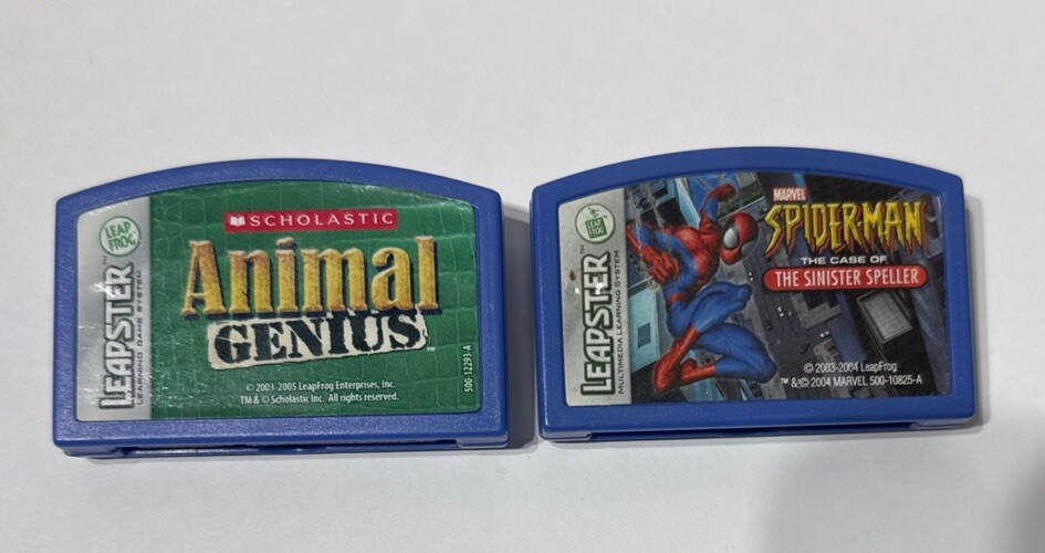 Vintage Leap Frog Leapster ANIMAL GENIUS & SPIDER-MAN Game Cartridge LOT Of 2