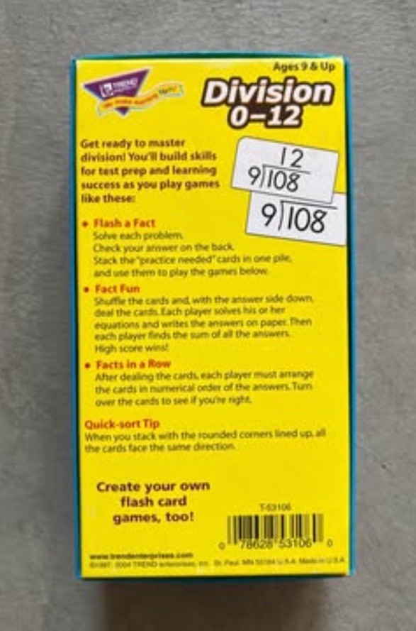 Flash Cards Division 0-12 91 Cards for Skill Building & Test Prep Ages 9 And Up