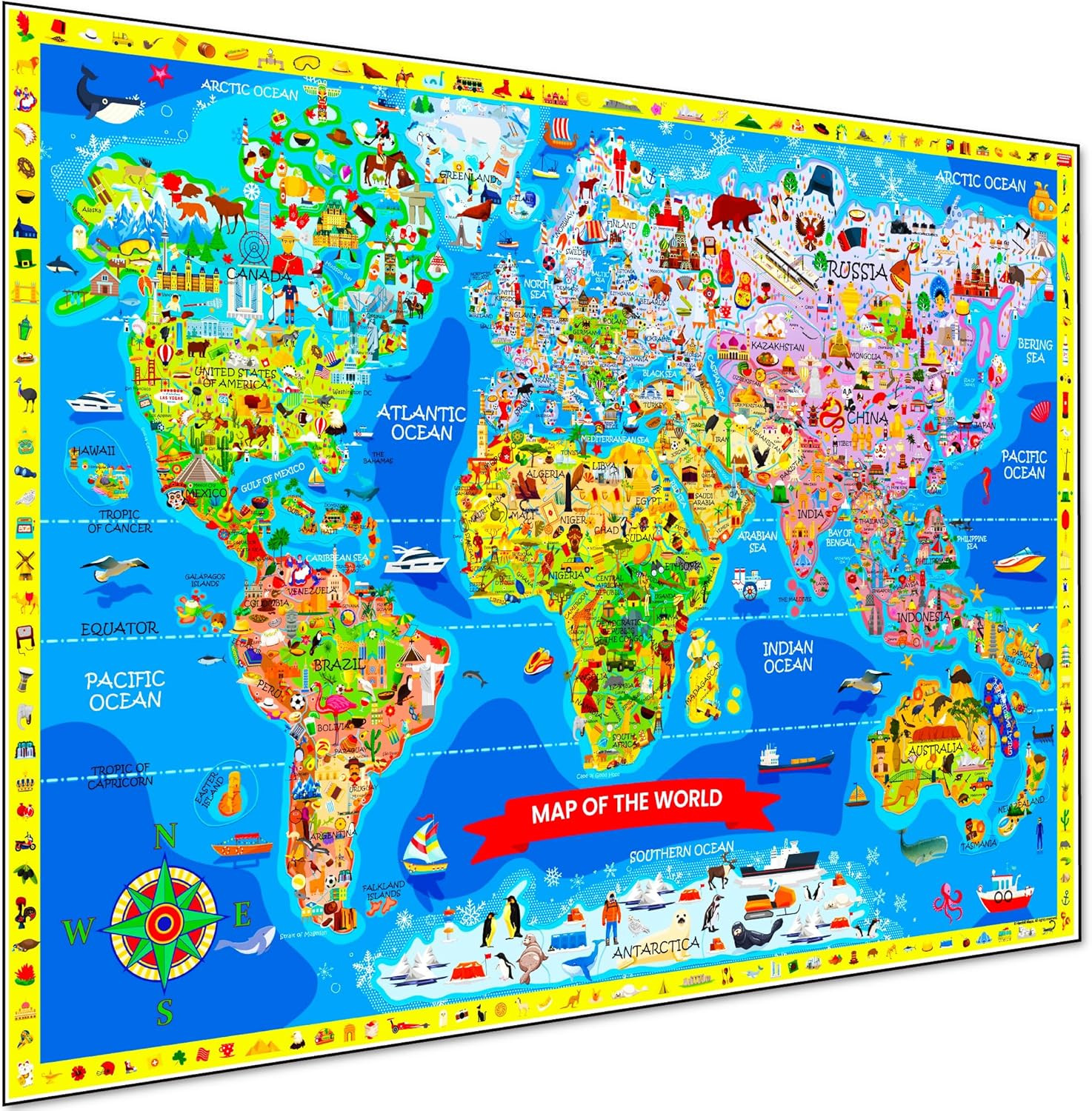 World Map for Kids Learning – Large Colorful 33” X 24” Illustrated World Map Edu