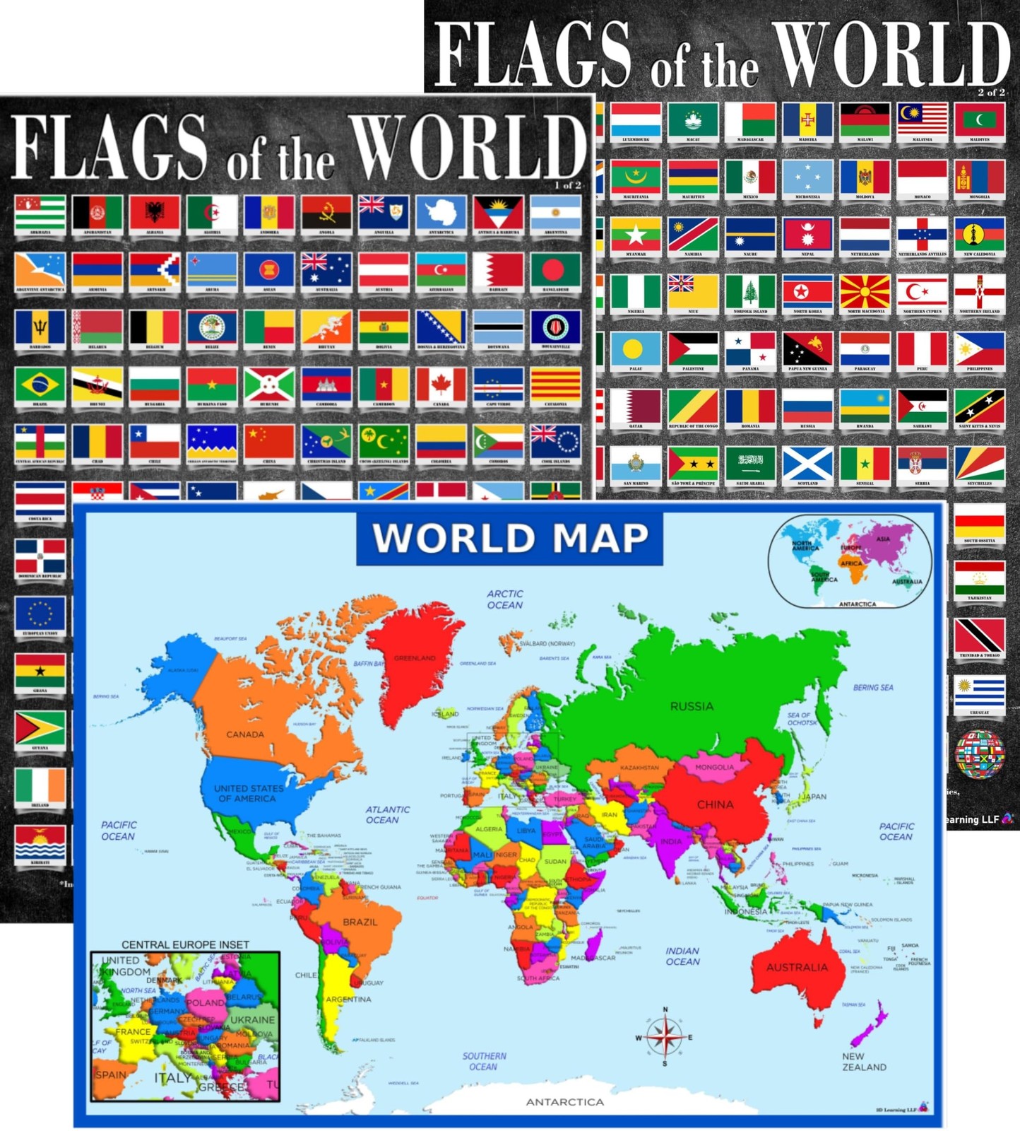 World Map and Flags Posters- Laminated 14×19.5” Educational Charts – Flags