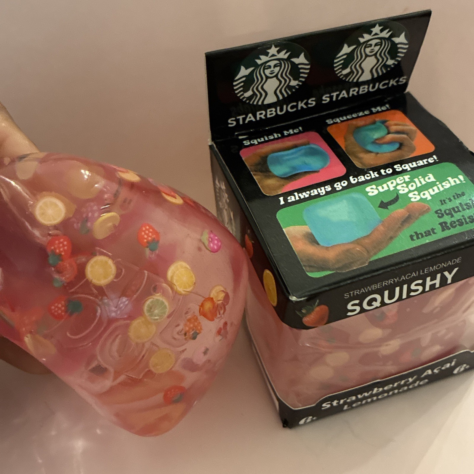 Starbucks Strawberry Acai Lemonade Squishy Squeeze Cube Toy w/ Fruit Inside USA