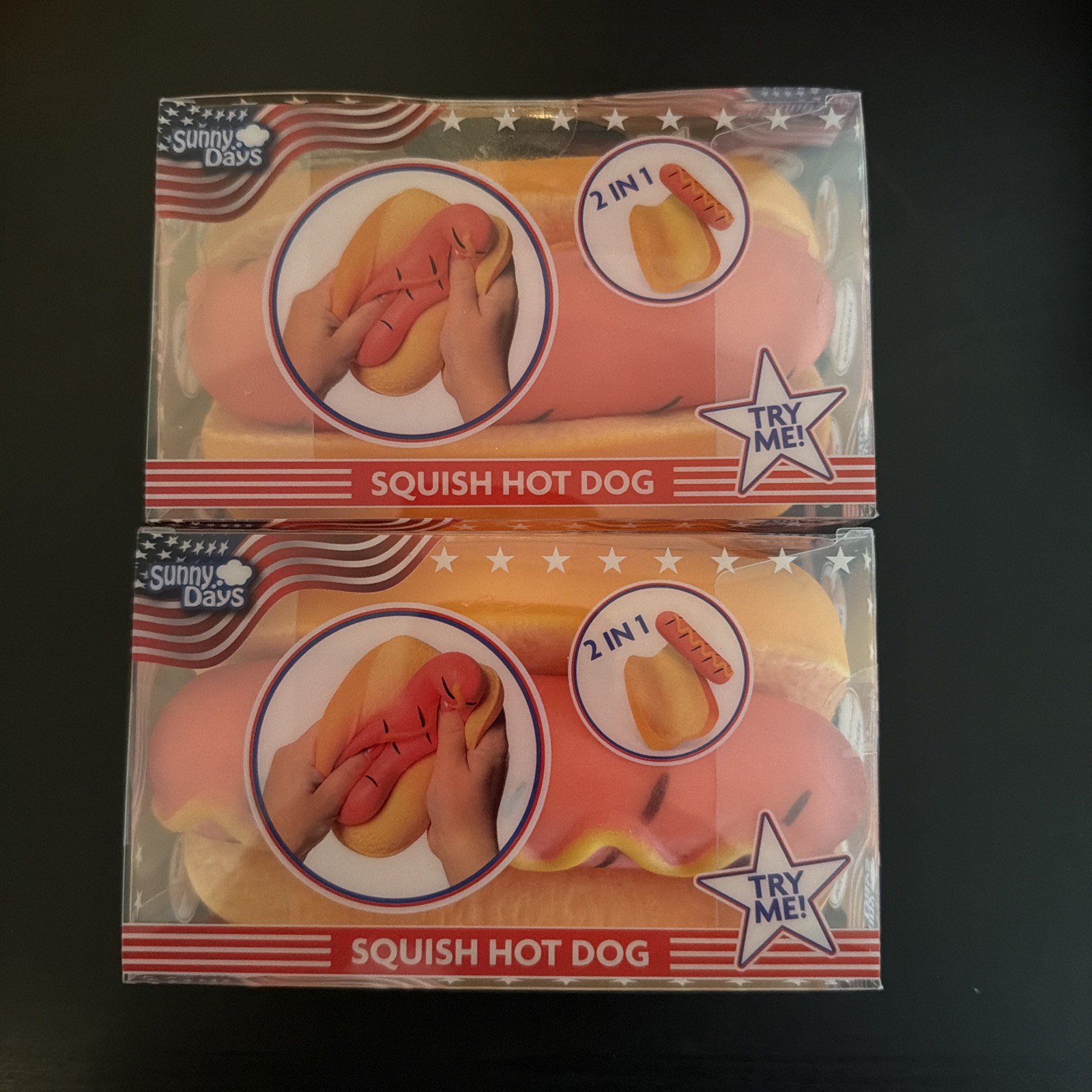 2x Squishy Hot Dog Squeezy Fidget Toy Sunny Days 2-in-1 Hotdog Stress Relief NEW