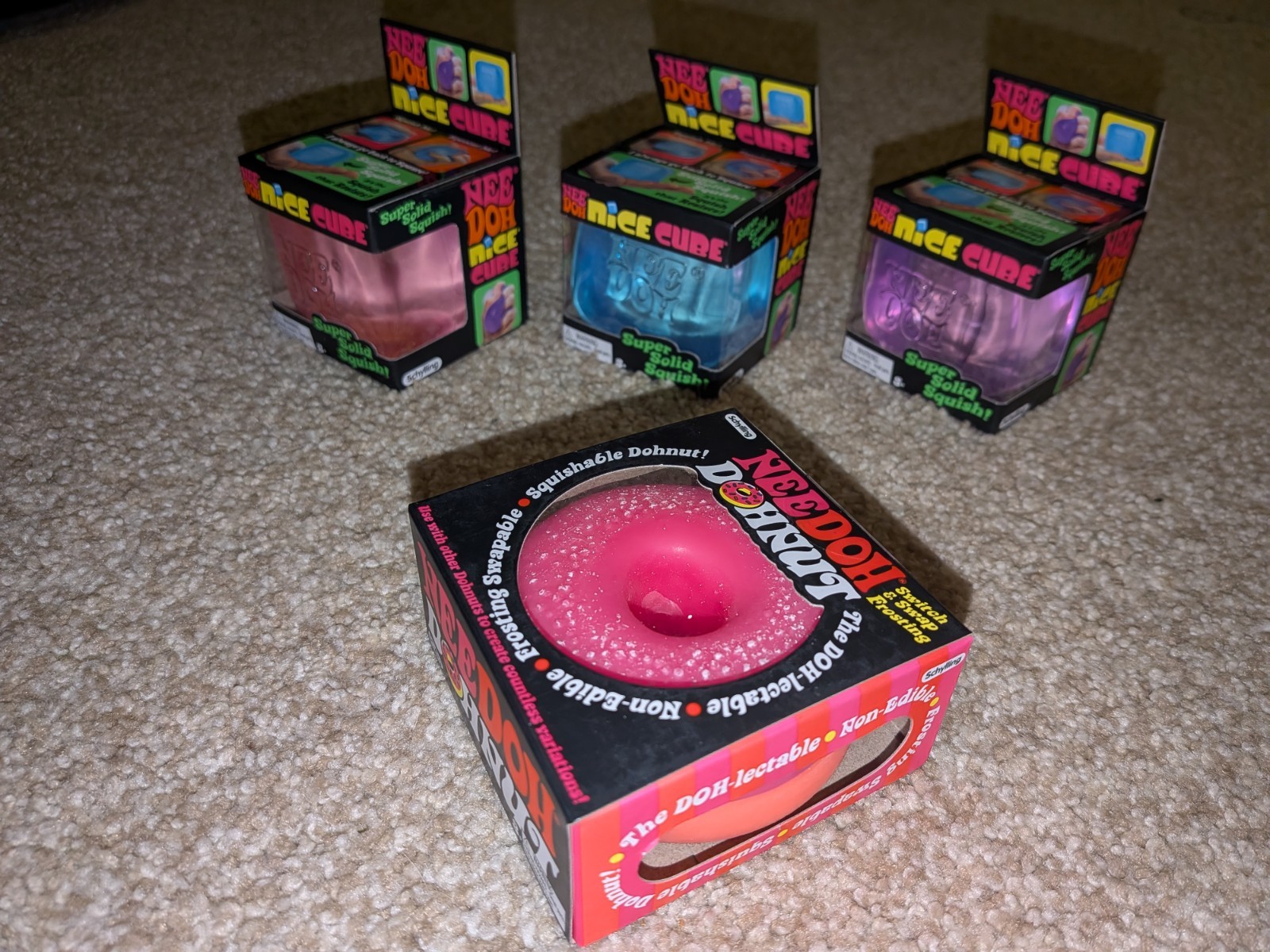 4x Pink Sprinkles NeeDoh Jelly Donut Squishy Nice Cube Jellie Dohnut Stress