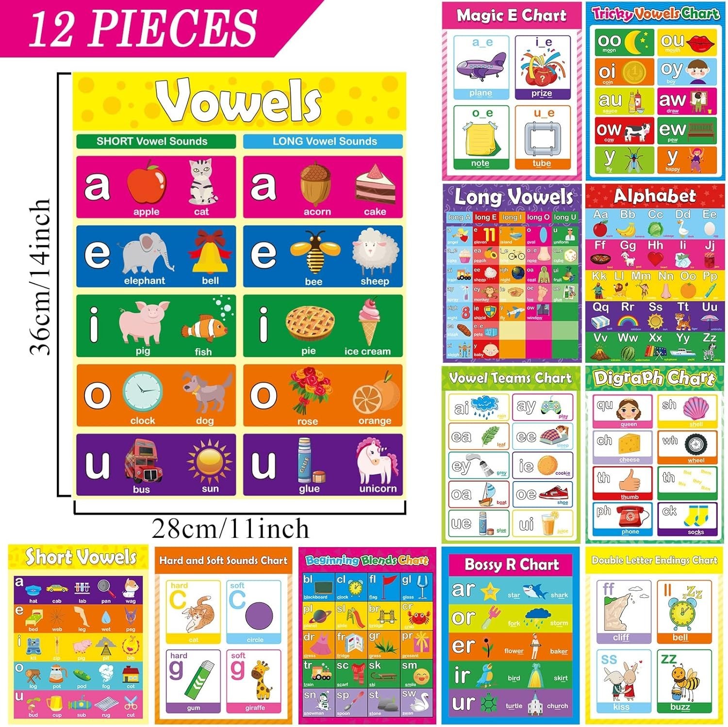 12 Vibrant Phonics Posters for Language Learning – Decorative Wall Charts
