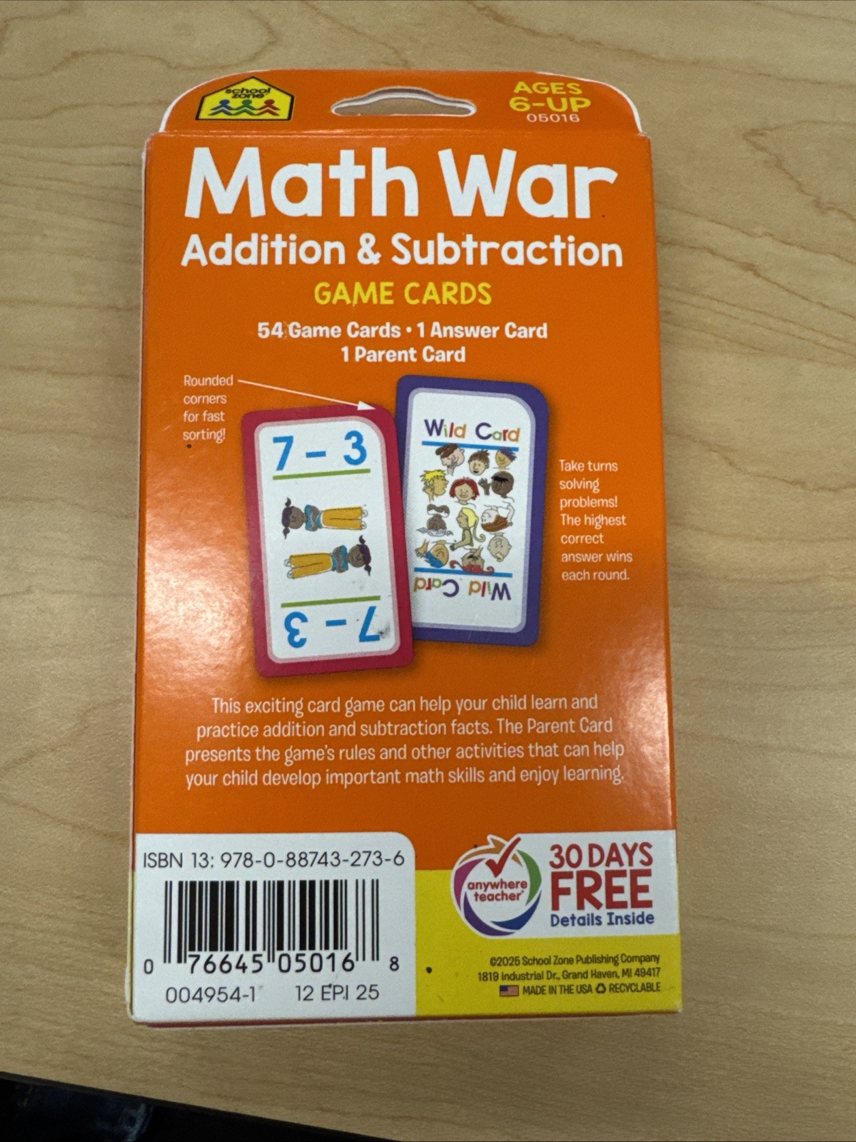 School Zone Math War Addition & Subtraction Game Cards Ages 6+ MPN 05016