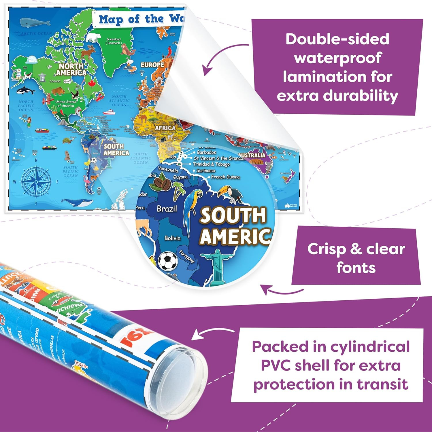United States Map For Kids & World Maps For Kids 2pc Set – 24” x 16” Waterproof