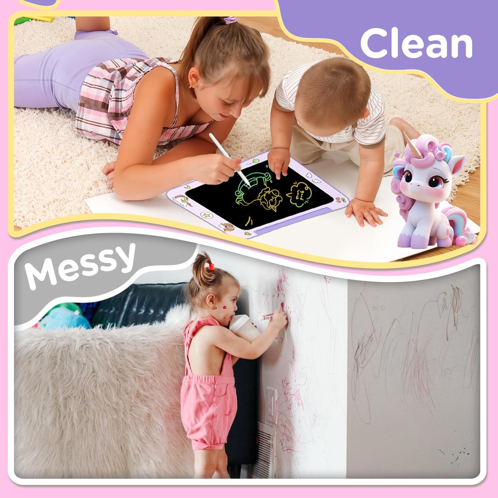 [2 Pack] Genialba LCD Writing Tablet for Kids, Colorful Screen Pink & Purple